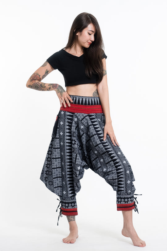 Traditional Prints Thai Hill Tribe Fabric Women's Harem Pants with Ankle Straps