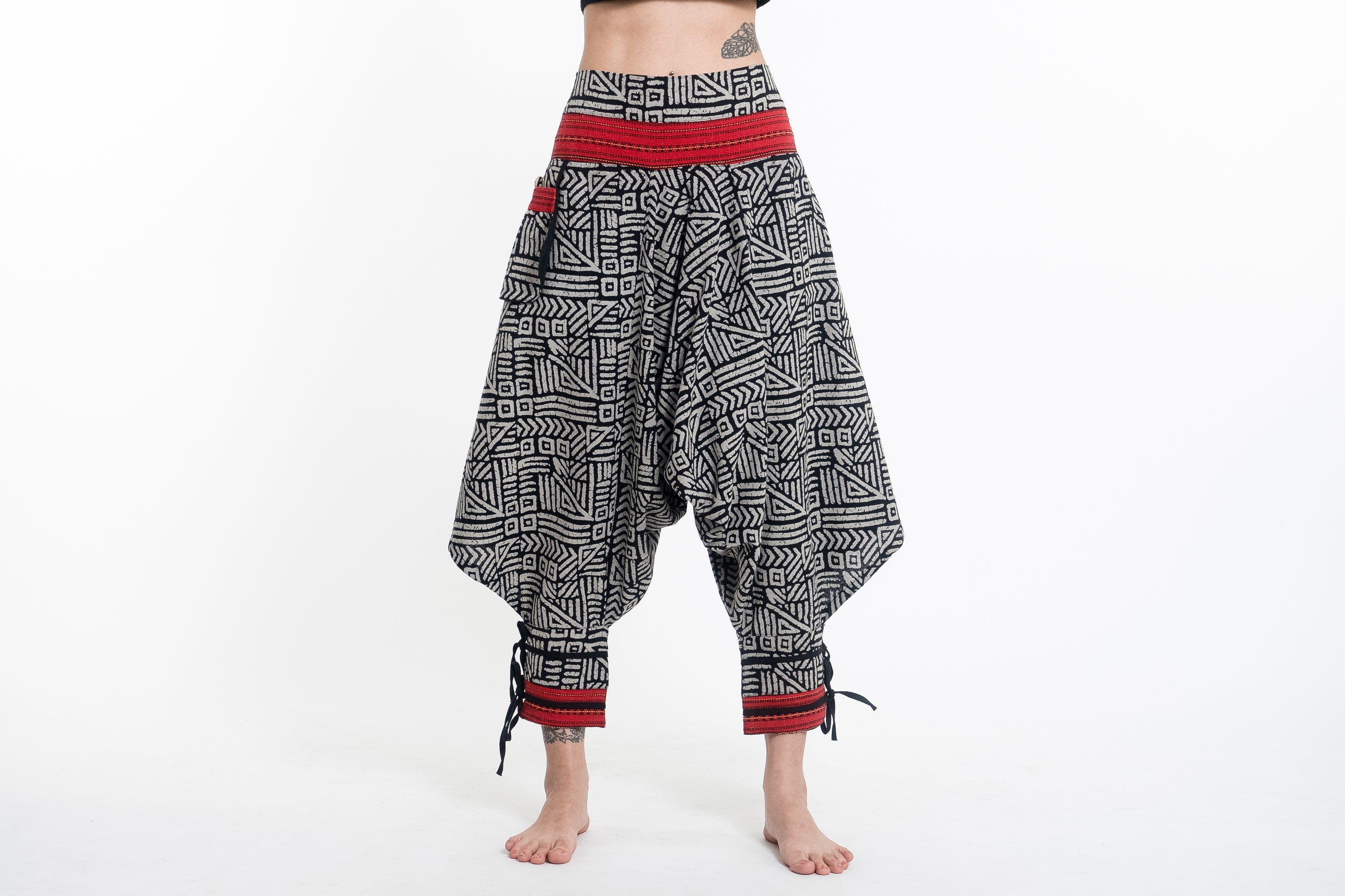 Woven Prints Thai Hill Tribe Fabric Women's Harem Pants with Ankle Straps in Black