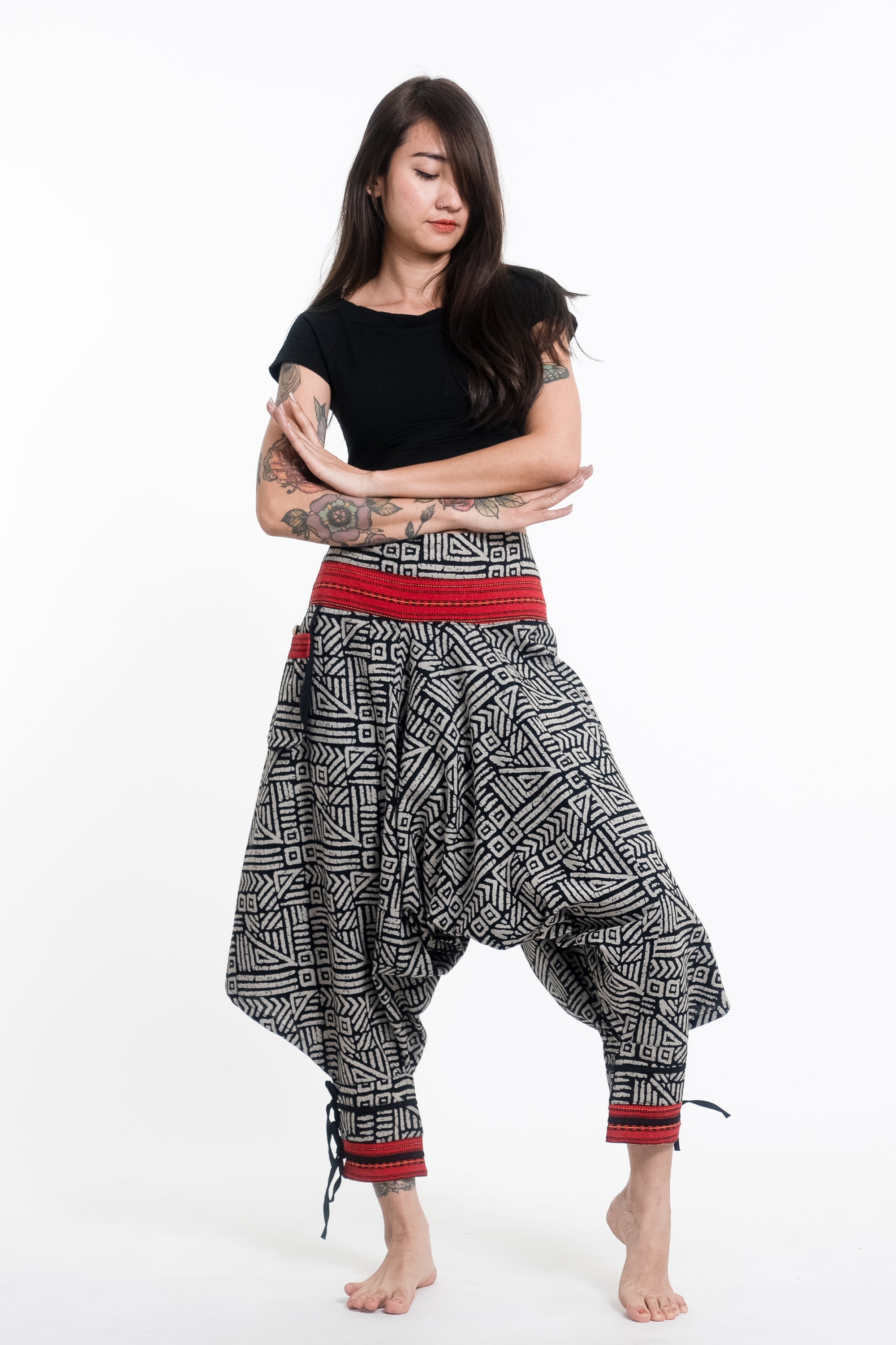 Woven Prints Thai Hill Tribe Fabric Women's Harem Pants with Ankle Str