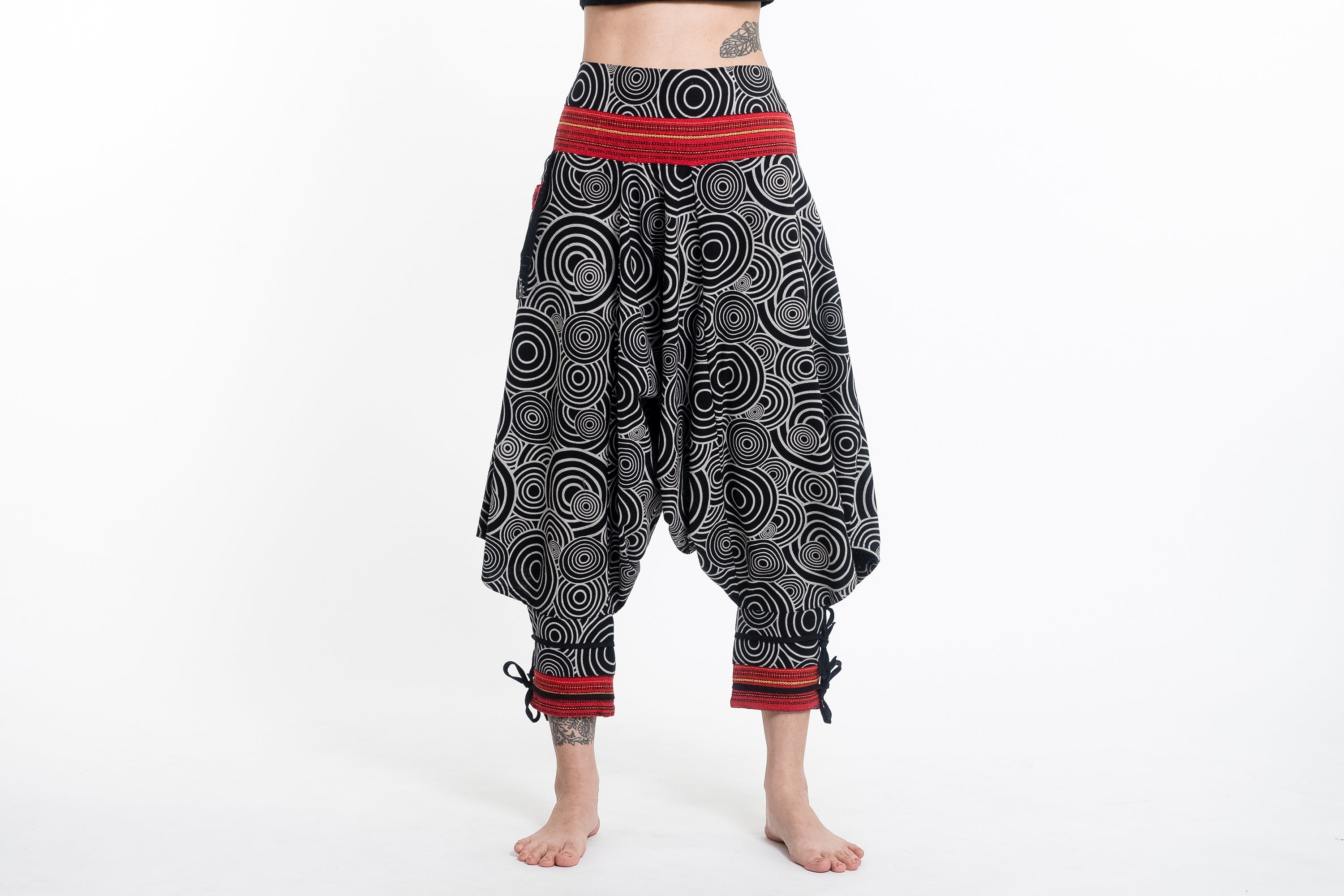 Swirls Prints Thai Hill Tribe Fabric Women's Harem Pants with Ankle Straps in Black