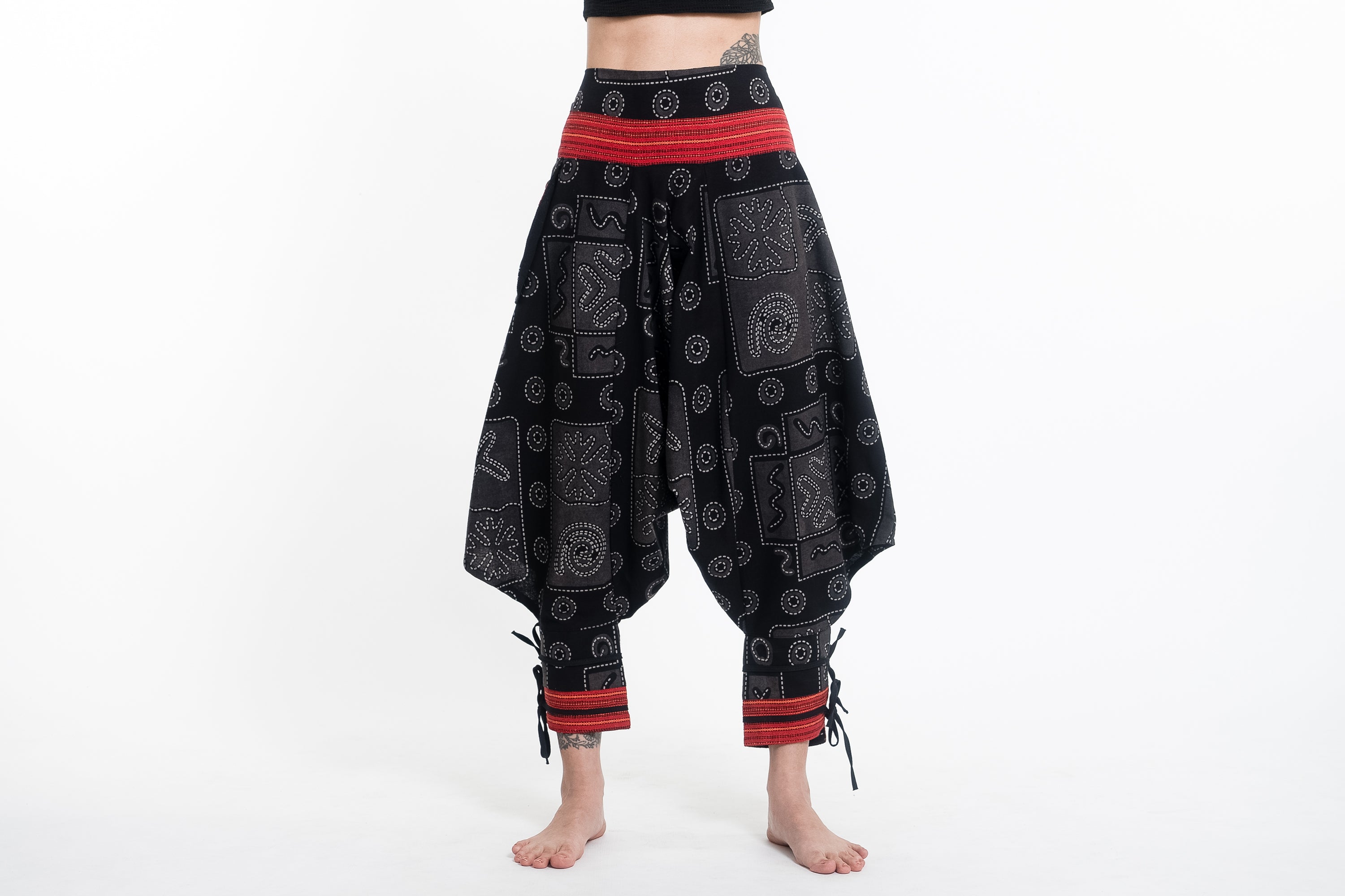 Black and Gray Thai Hill Tribe Fabric Women's Harem Pants with Ankle Straps