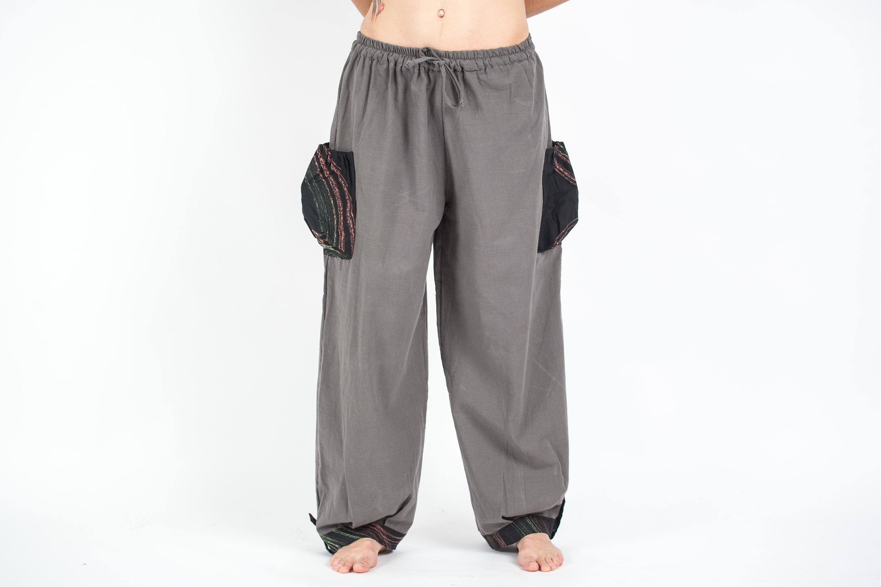 Thai Cotton Women Drawstring Pants With Hill Tribe Trim Gray