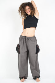 Thai Cotton Women Drawstring Pants With Hill Tribe Trim Gray