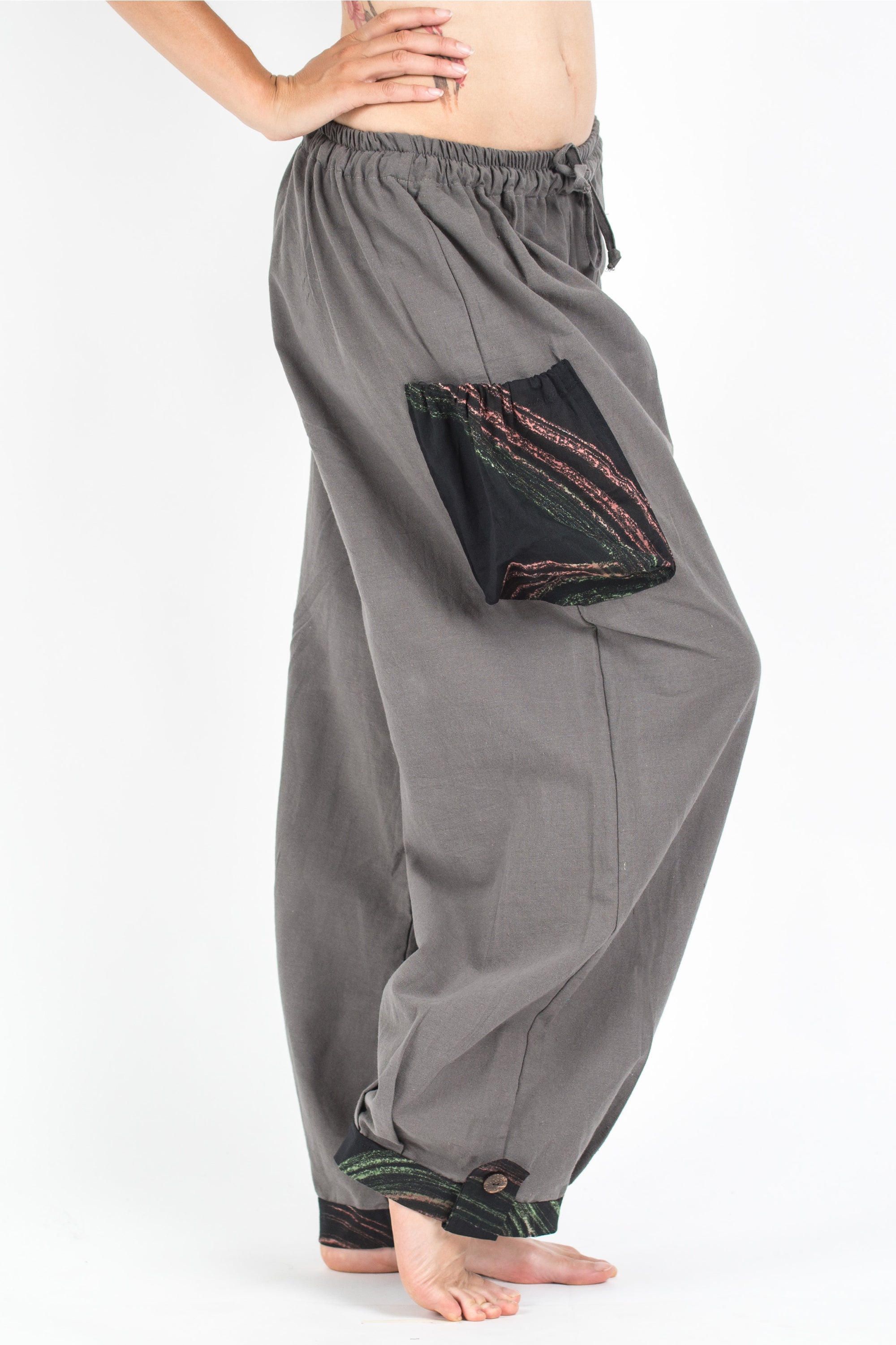 Thai Cotton Women Drawstring Pants With Hill Tribe Trim Gray