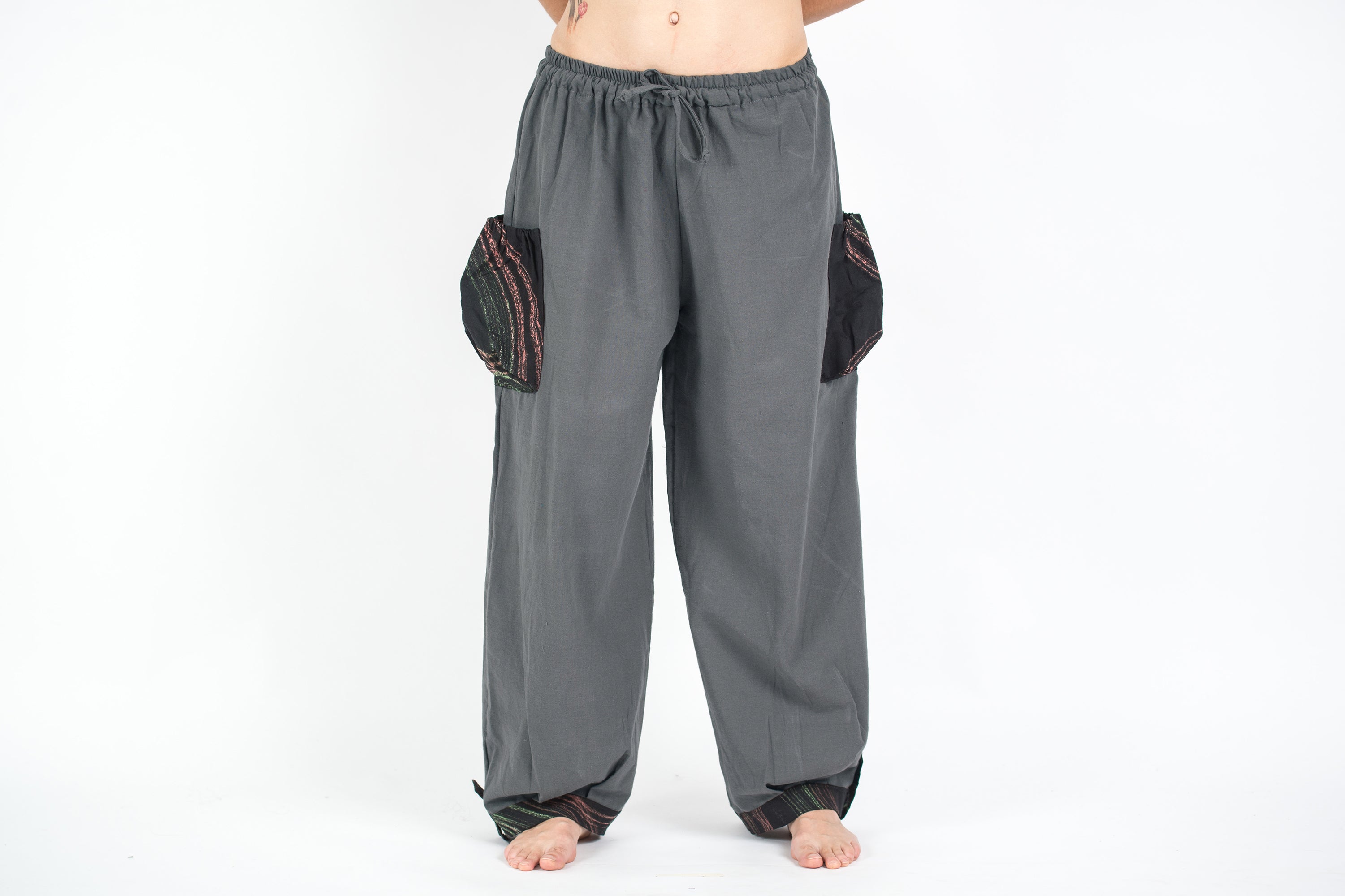 Thai Cotton Women Drawstring Pants With Hill Tribe Trim Dark Gray