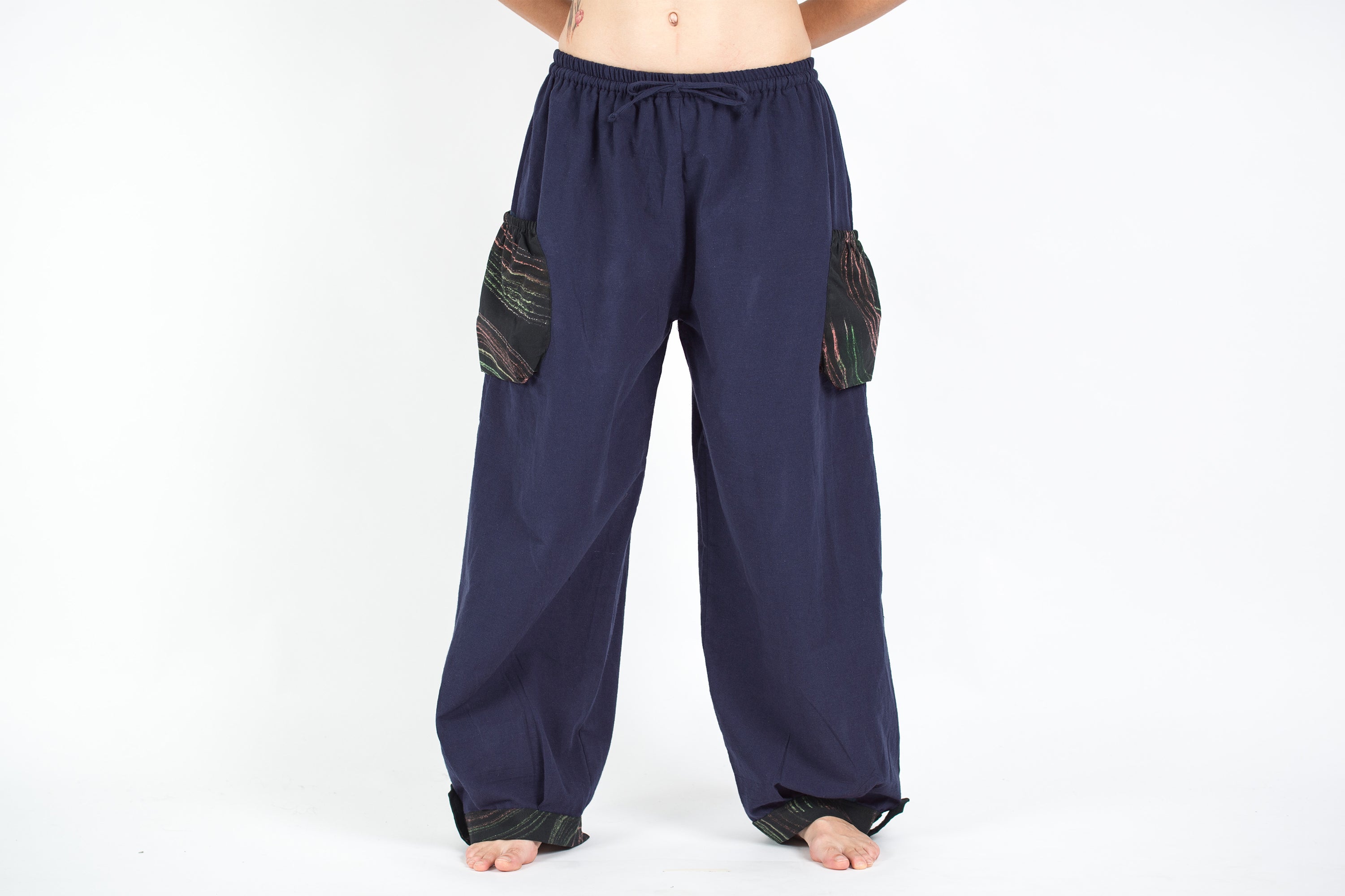 Thai Cotton Women Drawstring Pants With Hill Tribe Trim Navy