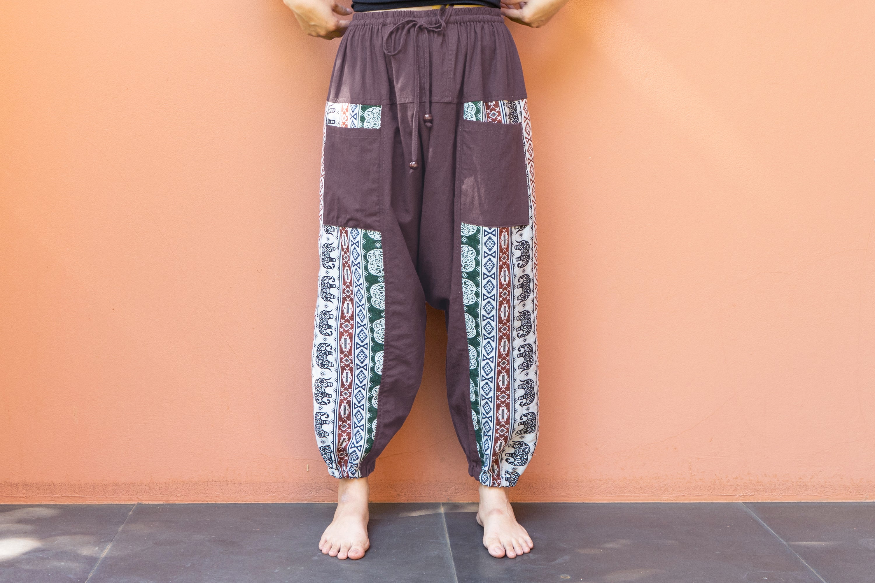 Elephant Aztec Cotton Women's Harem Pants in Brown