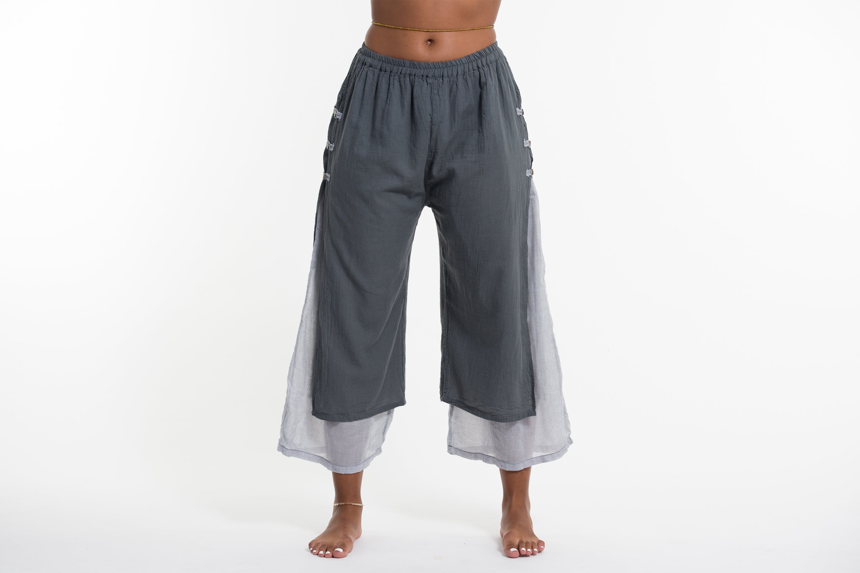 Women's Cotton Double Layers Cropped Pants in Solid Gray