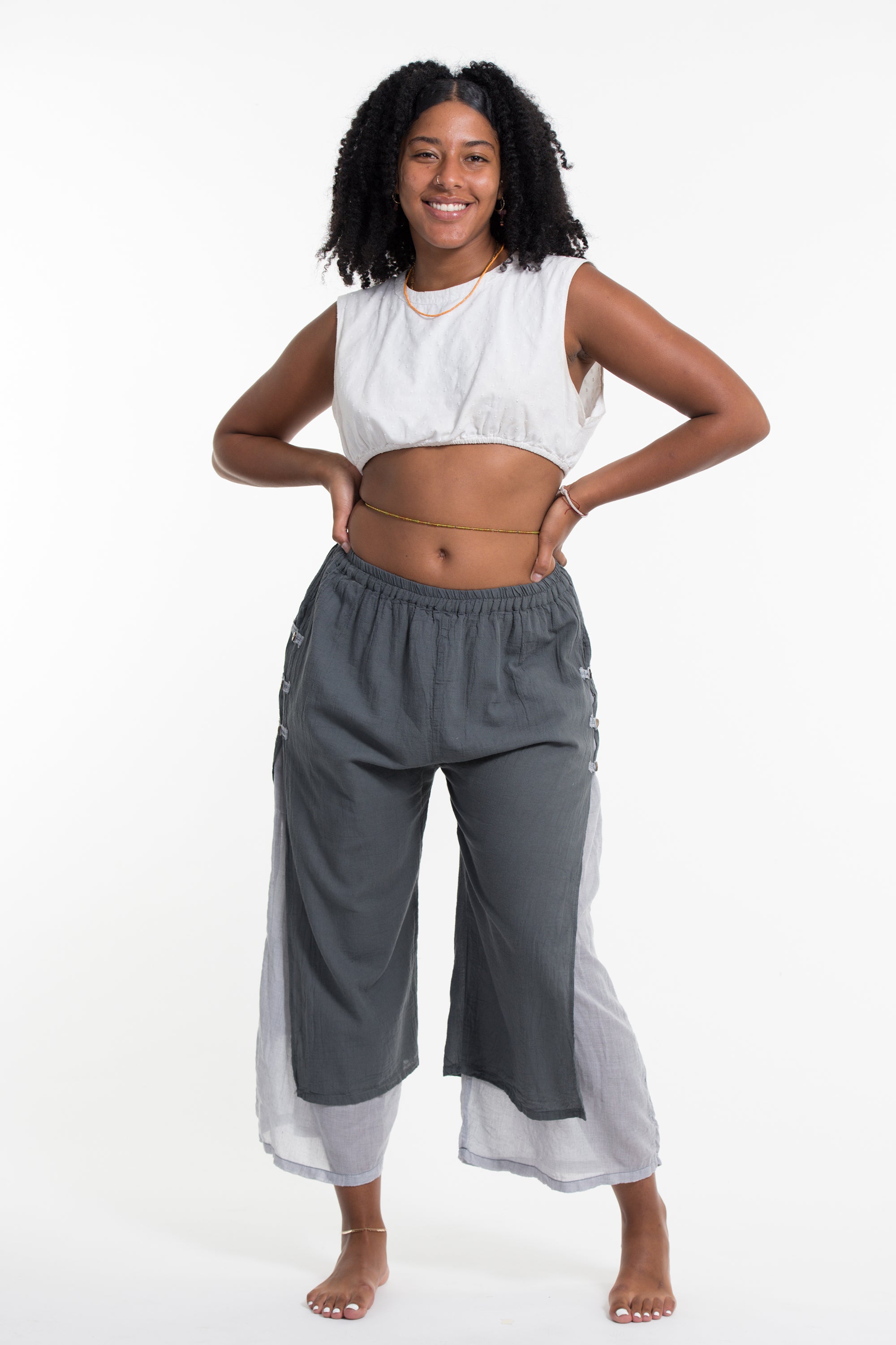 Women's Cotton Double Layers Cropped Pants in Solid Gray