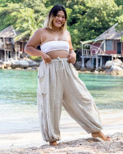 Plus Size Women's Ribbed Cotton Pants in Beige