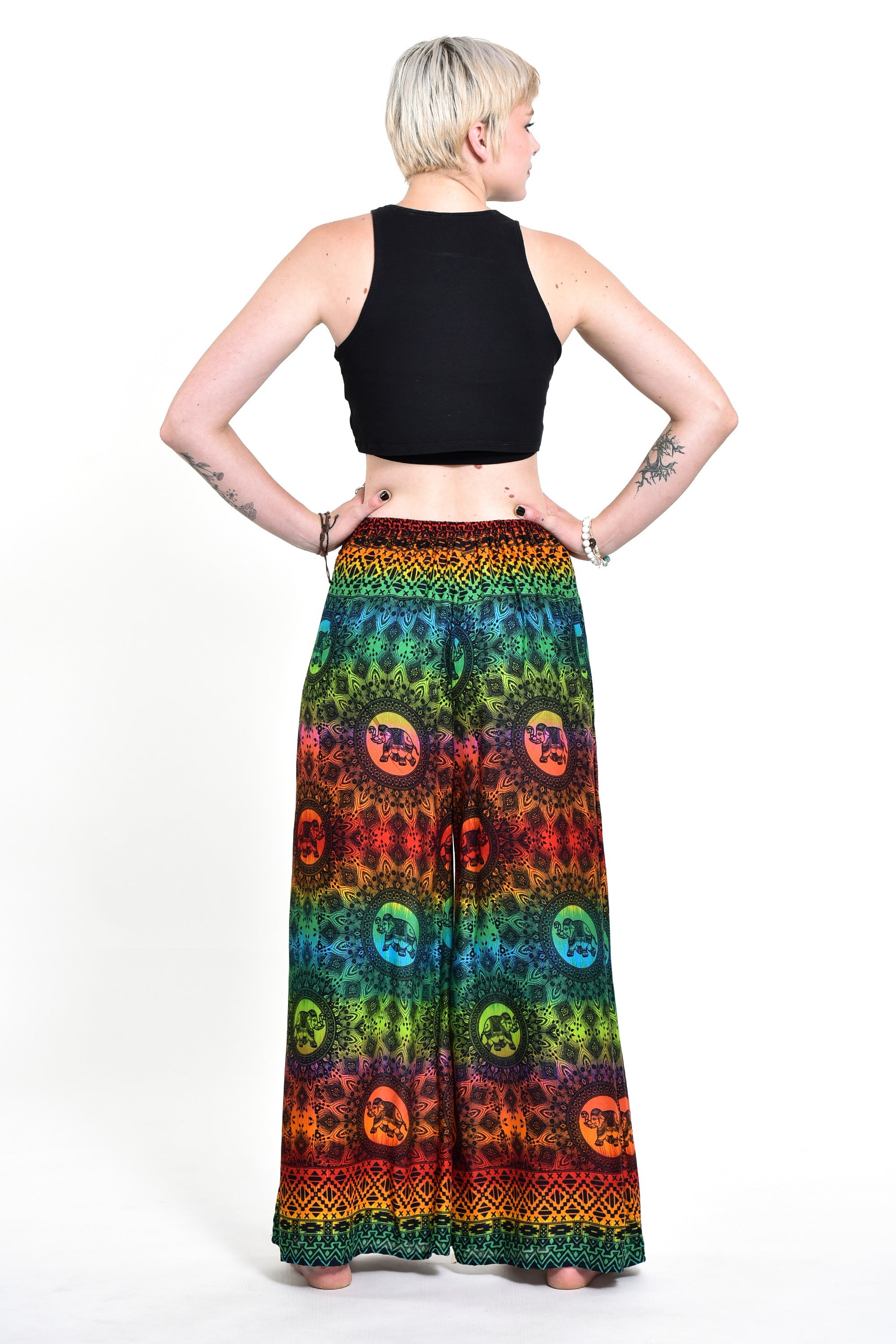 Rainbow Elephant Palazzo Style Elephant Pants in Orange