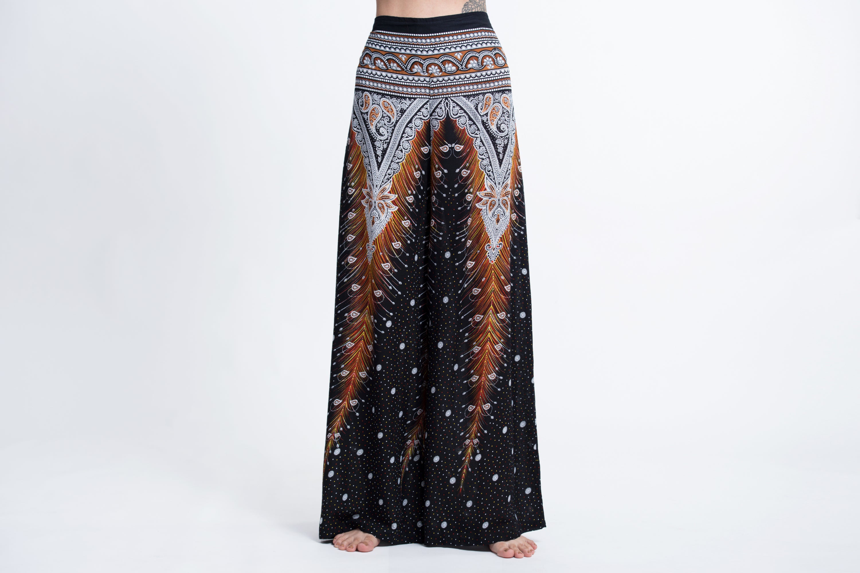 Peacock Feathers Palazzo Style Harem Pants in Black