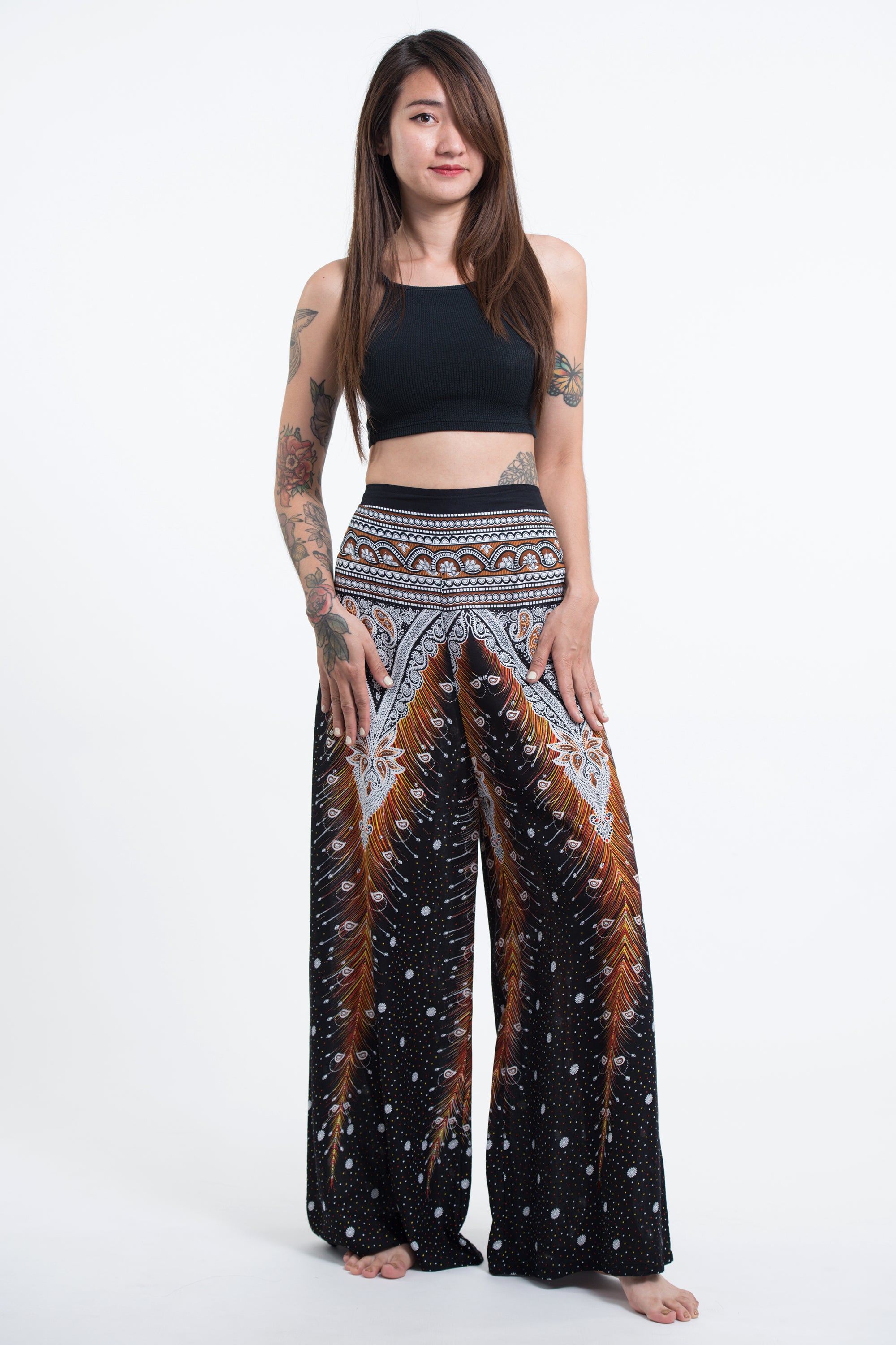 Peacock Feathers Palazzo Style Harem Pants in Black