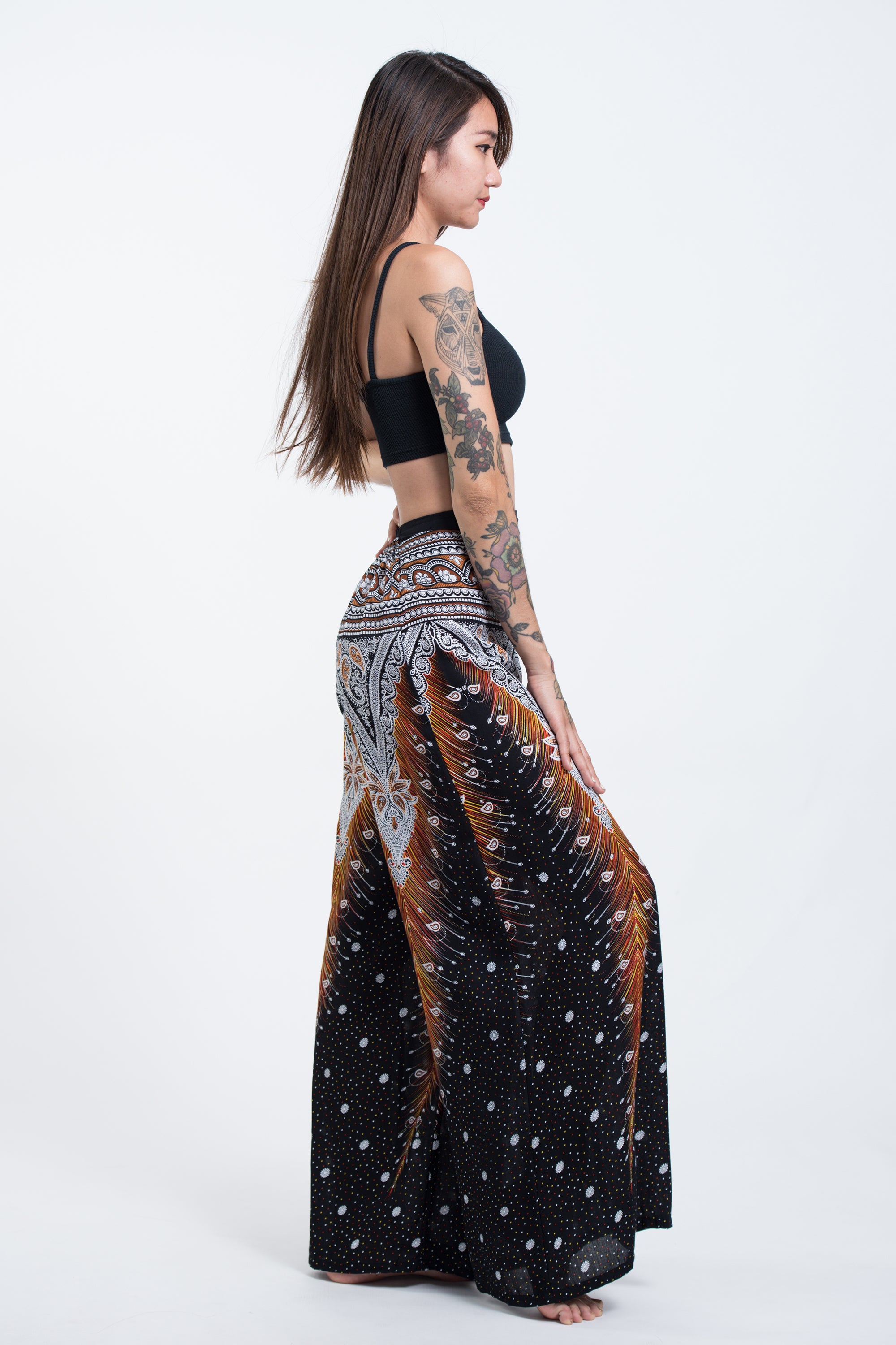 Peacock Feathers Palazzo Style Harem Pants in Black