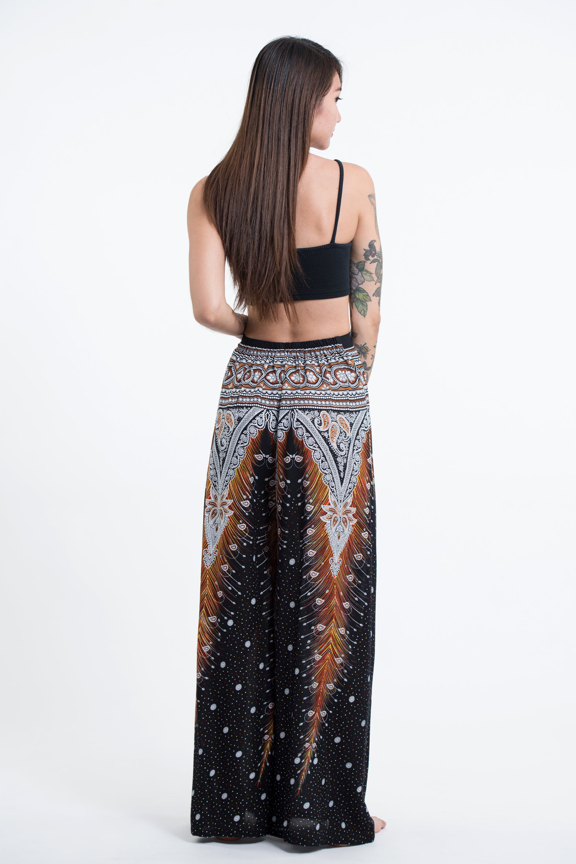 Peacock Feathers Palazzo Style Harem Pants in Black