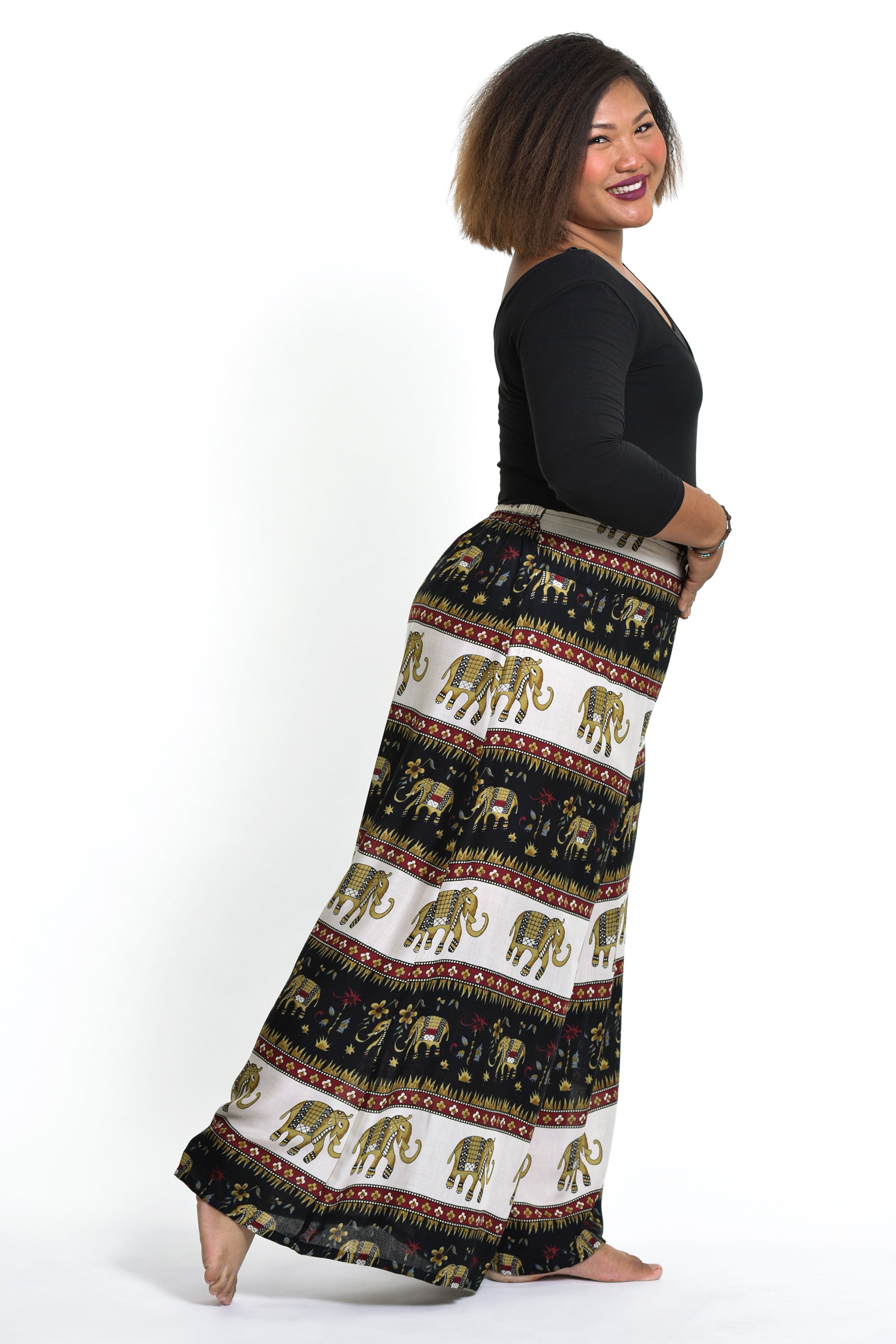 Plus Size Elephant Bliss Palazzo Style Elephant Pants in Black