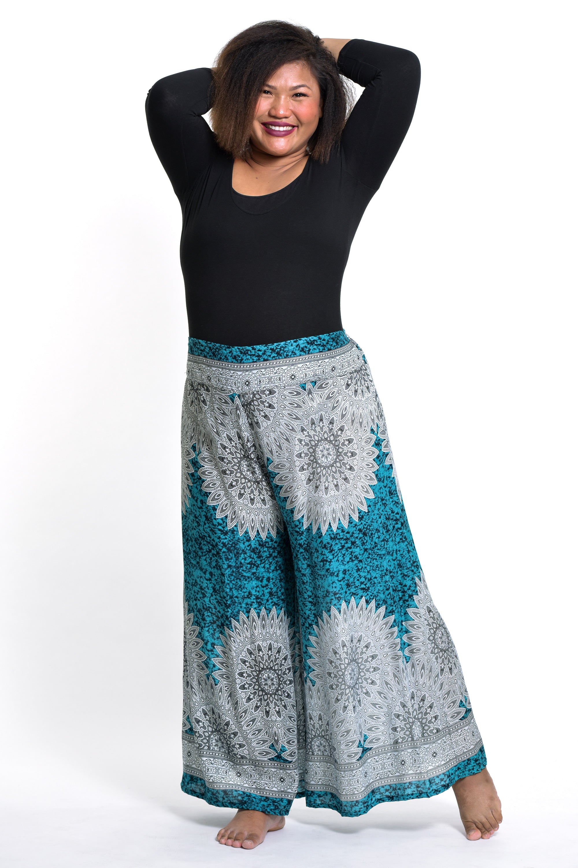 Plus Size Marble Mandalas Palazzo Style Harem Pants in Turquoise