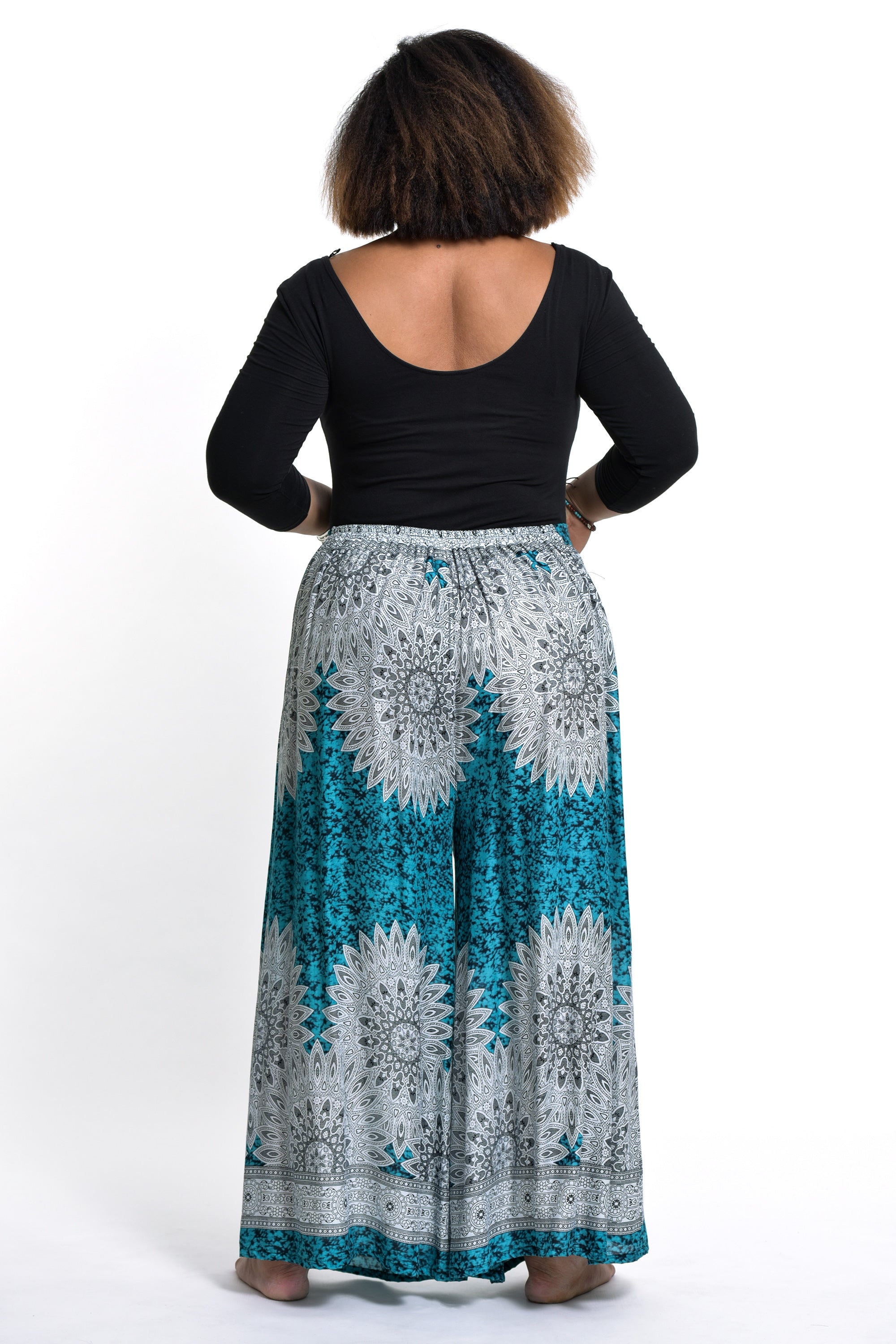 Plus Size Marble Mandalas Palazzo Style Harem Pants in Turquoise
