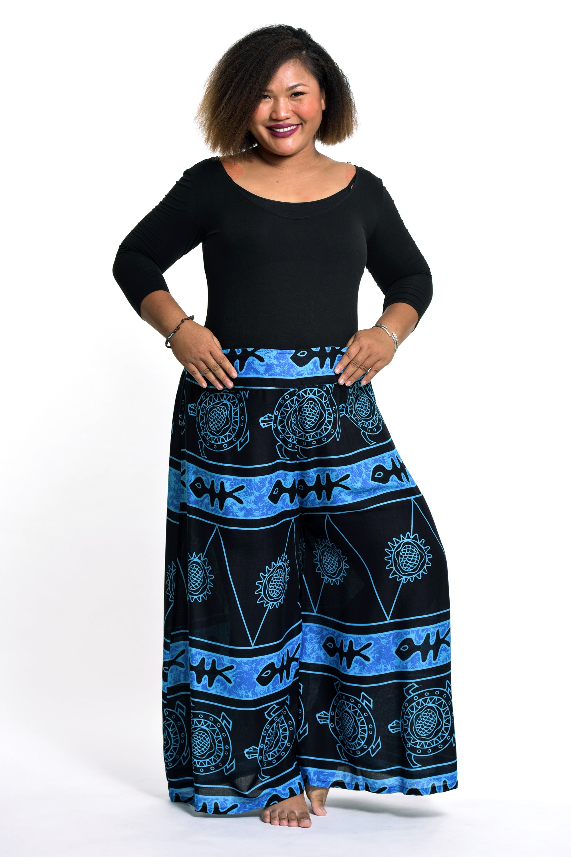 Plus Size Turtle Print Palazzo Style Harem Pants in Blue