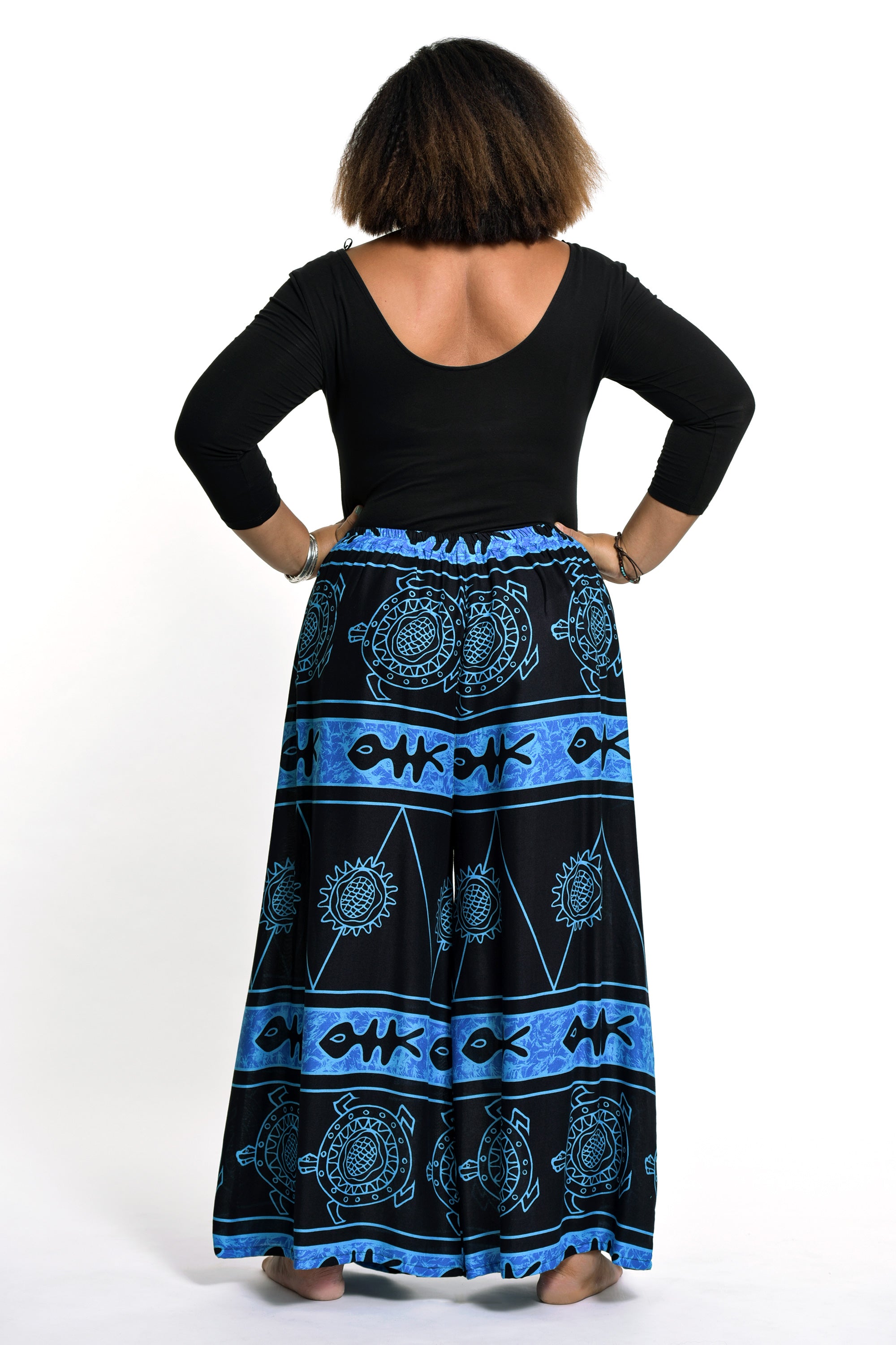 Plus Size Turtle Print Palazzo Style Harem Pants in Blue