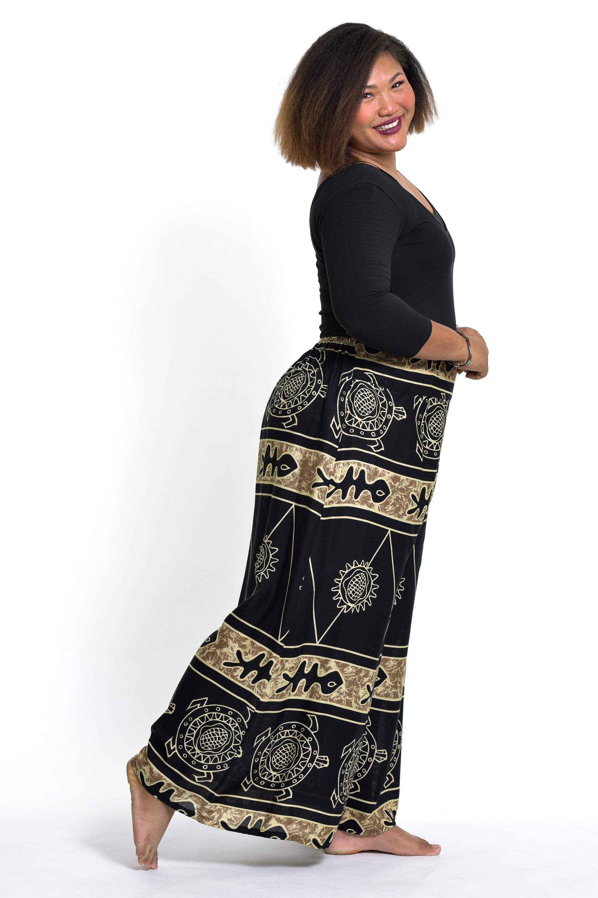 Plus Size Turtle Print Palazzo Style Harem Pants in Gold