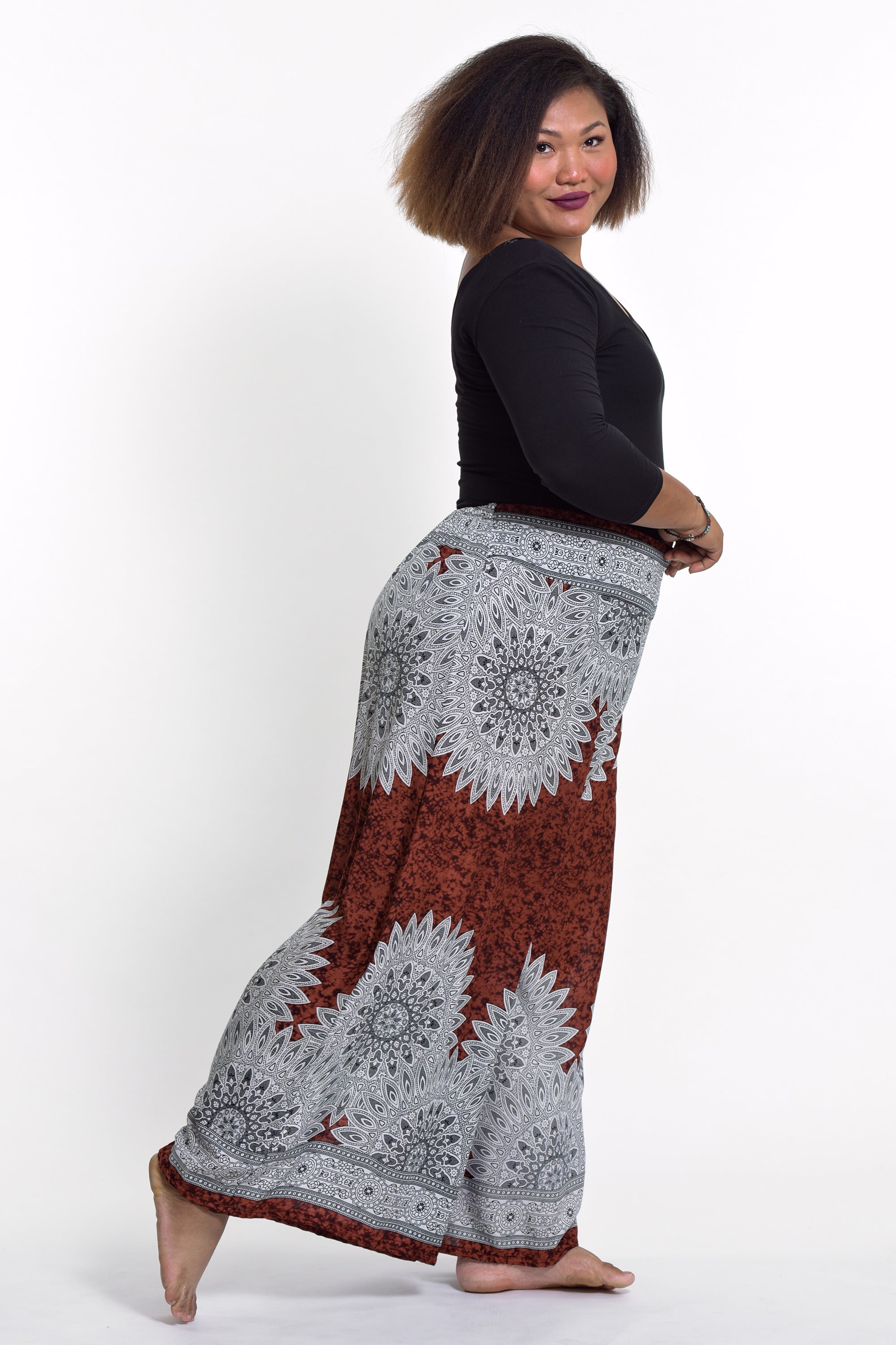 Plus Size Marble Mandalas Palazzo Style Harem Pants in Brown