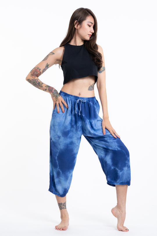 Women's Tie Dye Drawstring Yoga Massage Cropped Pants in Blue