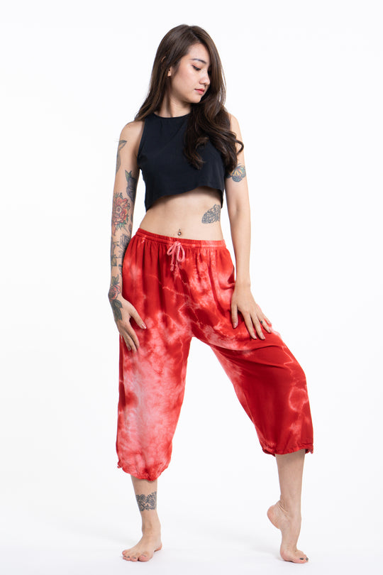 Women's Tie Dye Drawstring Yoga Massage Cropped Pants in Red