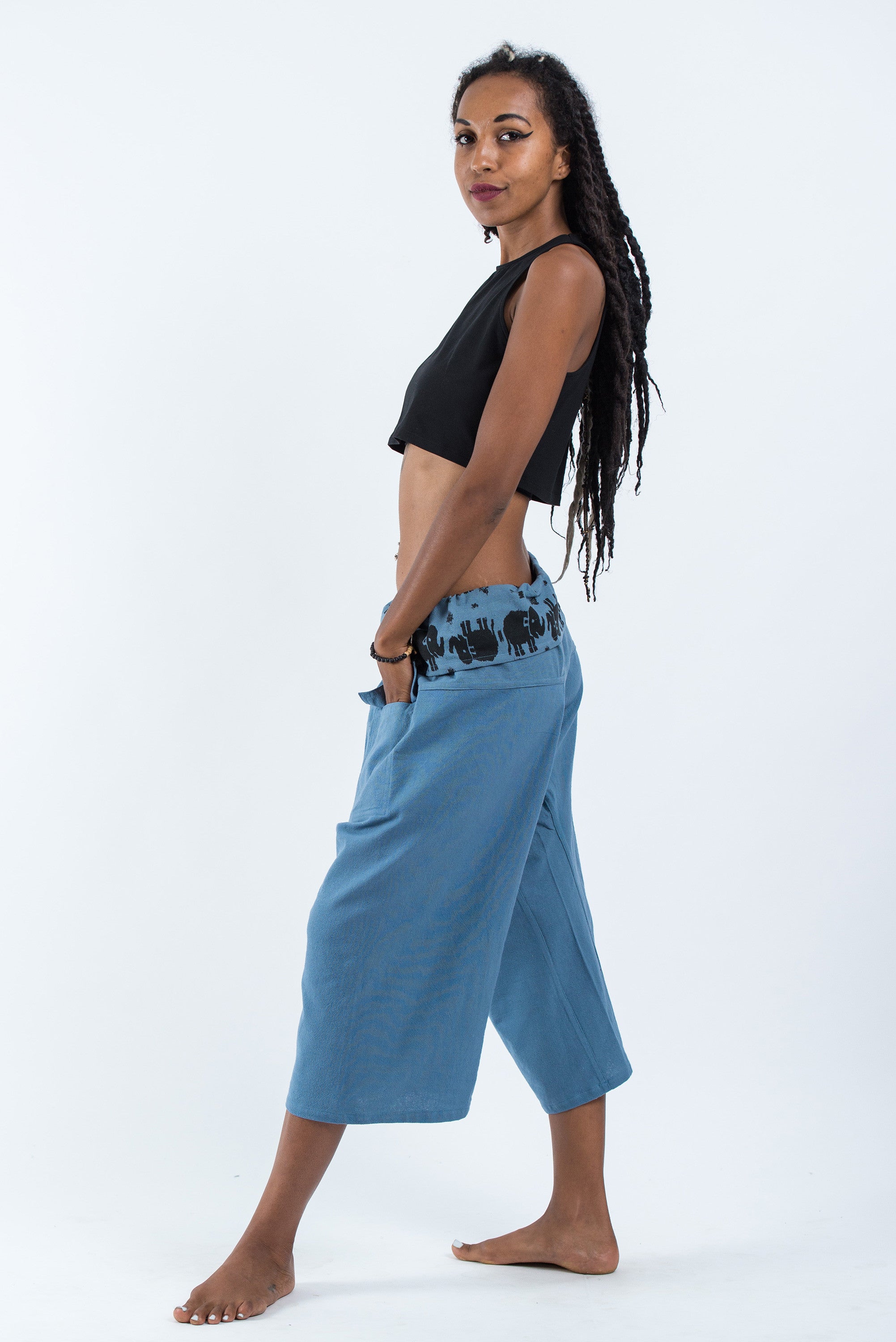 Women's Cropped Fisherman Pants with Pattern Waist Band in Baby Blue