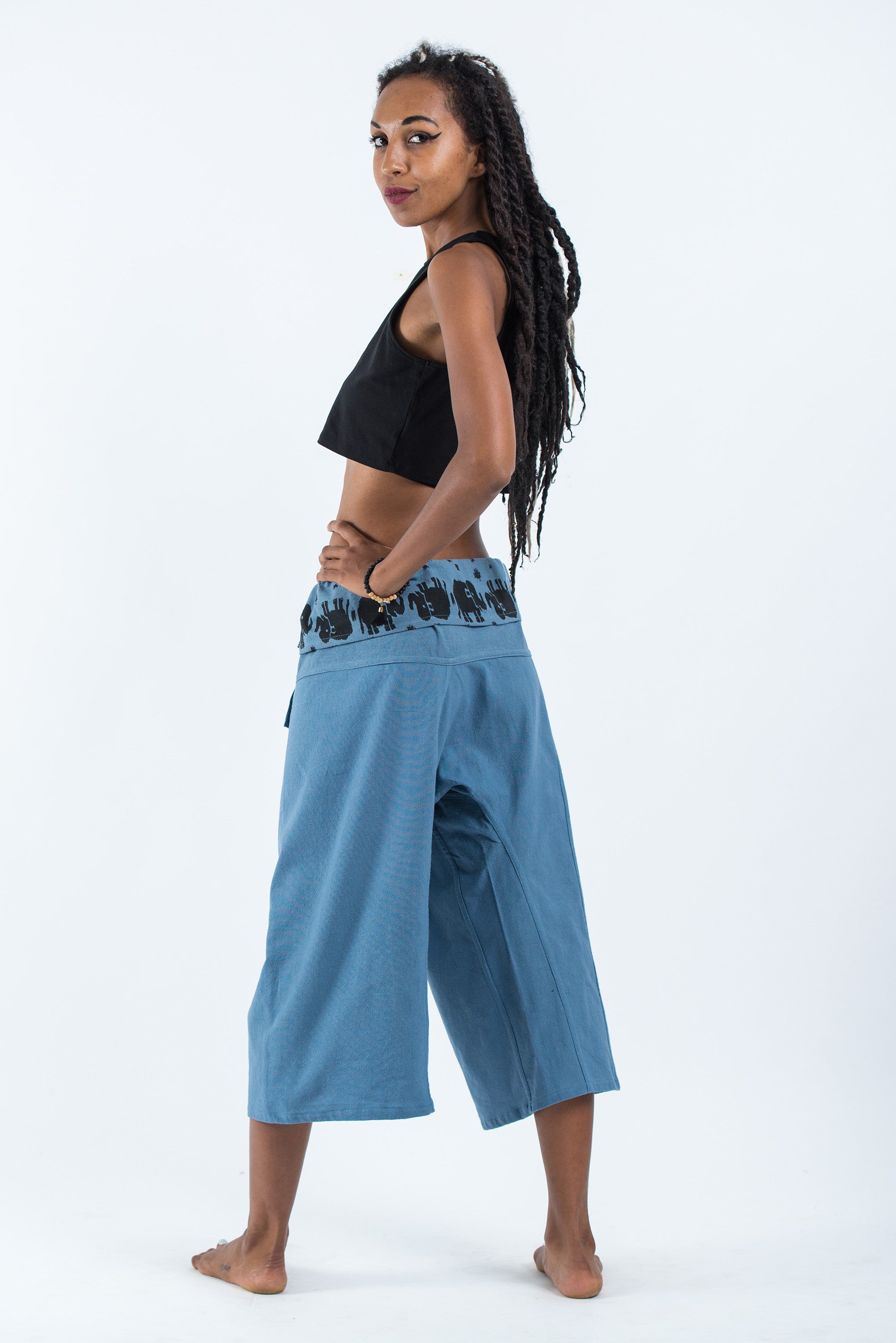 Women's Cropped Fisherman Pants with Pattern Waist Band in Baby Blue