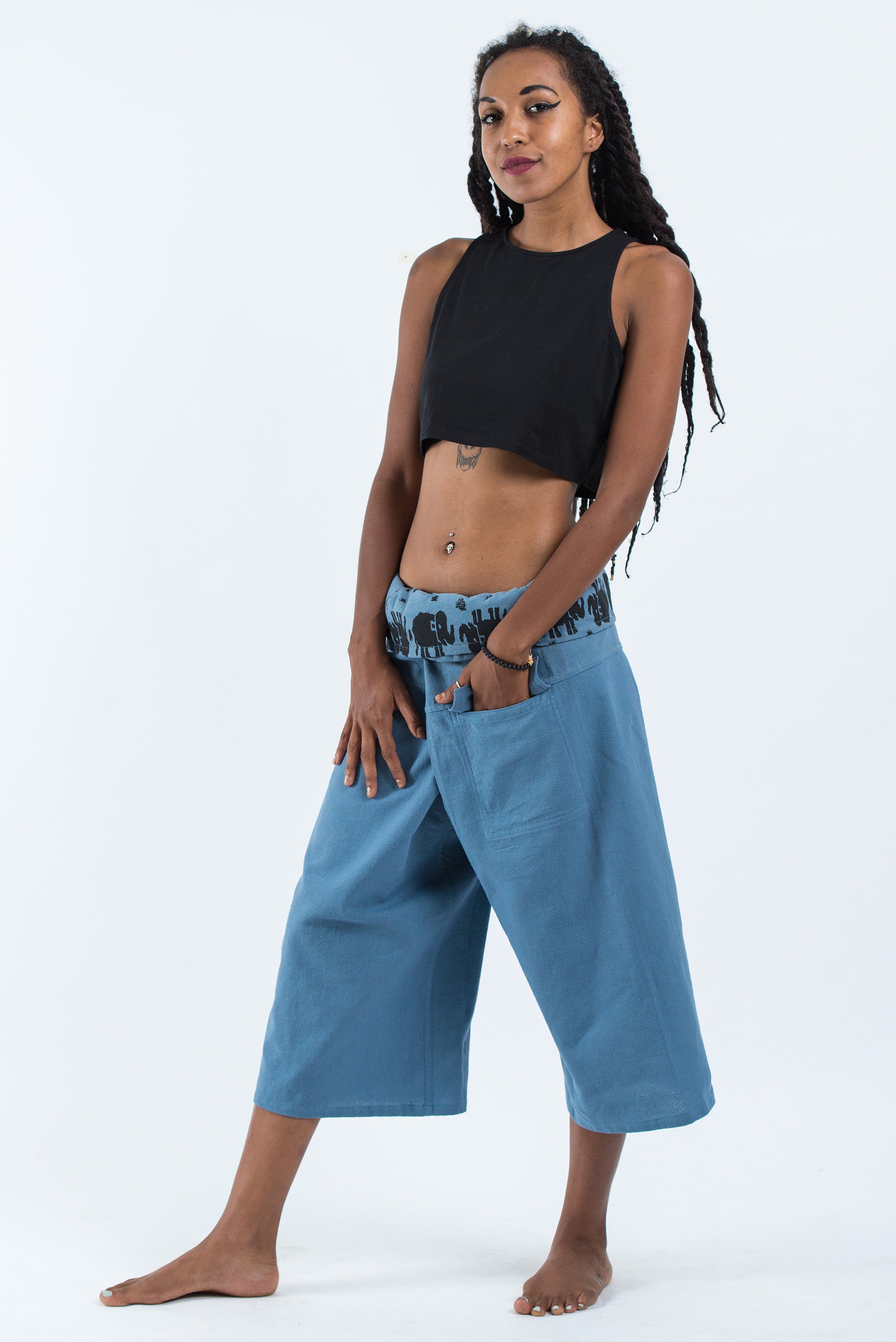Women's Cropped Fisherman Pants with Pattern Waist Band in Baby Blue