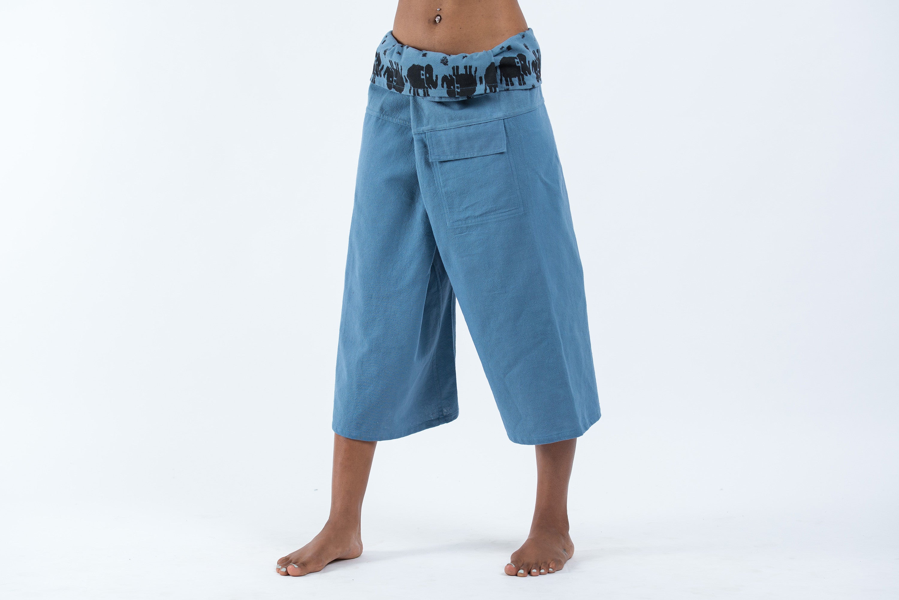 Women's Cropped Fisherman Pants with Pattern Waist Band in Baby Blue