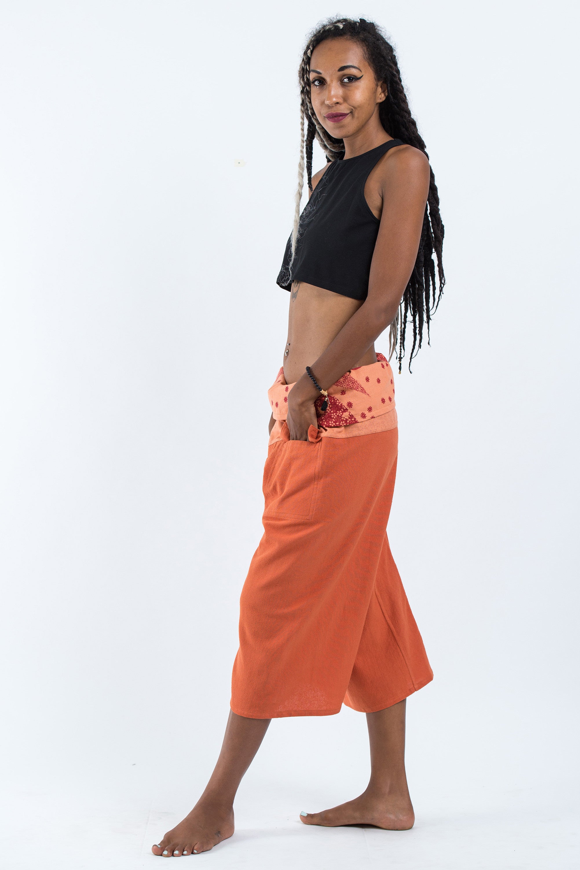 Women's Cropped Fisherman Pants with Pattern Waist Band in Orange
