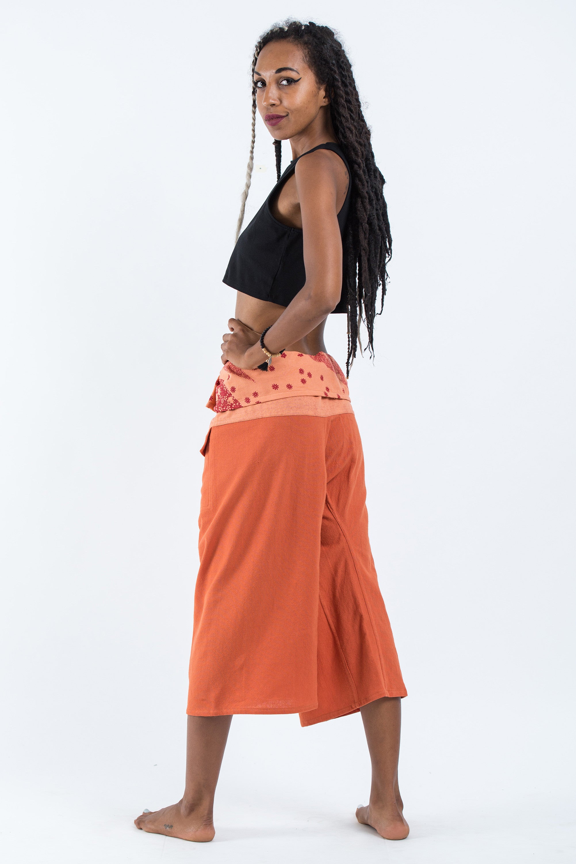 Women's Cropped Fisherman Pants with Pattern Waist Band in Orange