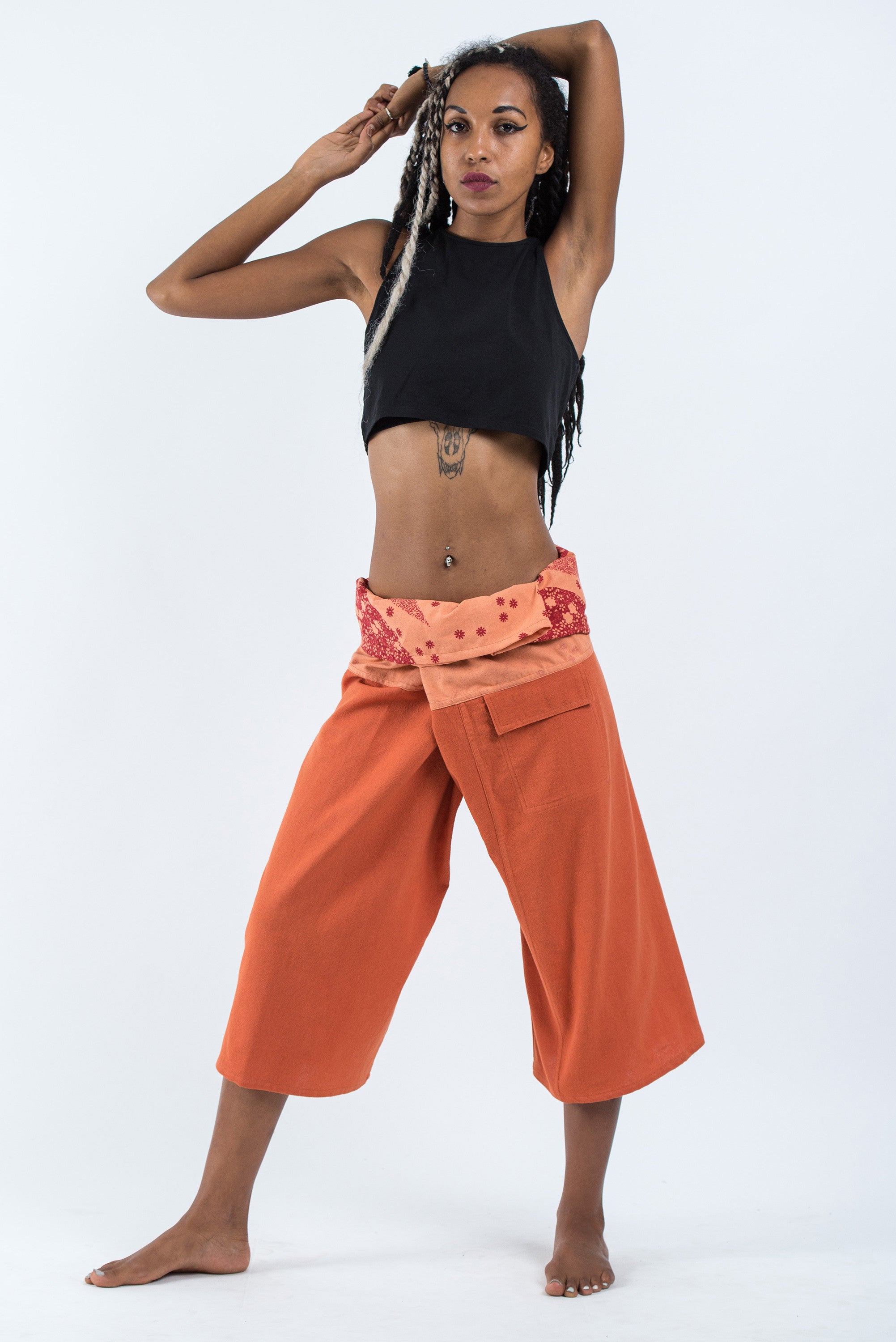 Women's Cropped Fisherman Pants with Pattern Waist Band in Orange