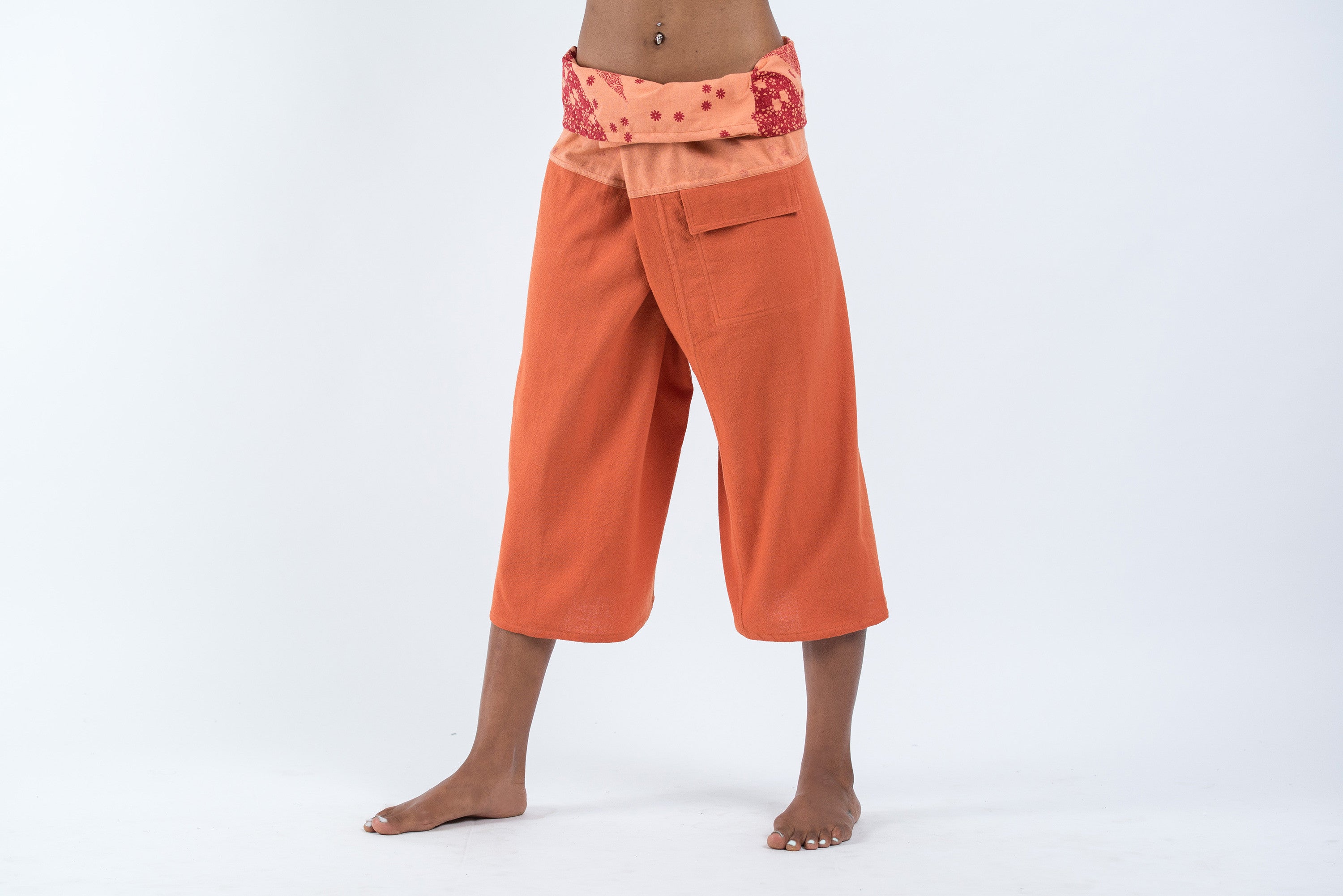Women's Cropped Fisherman Pants with Pattern Waist Band in Orange