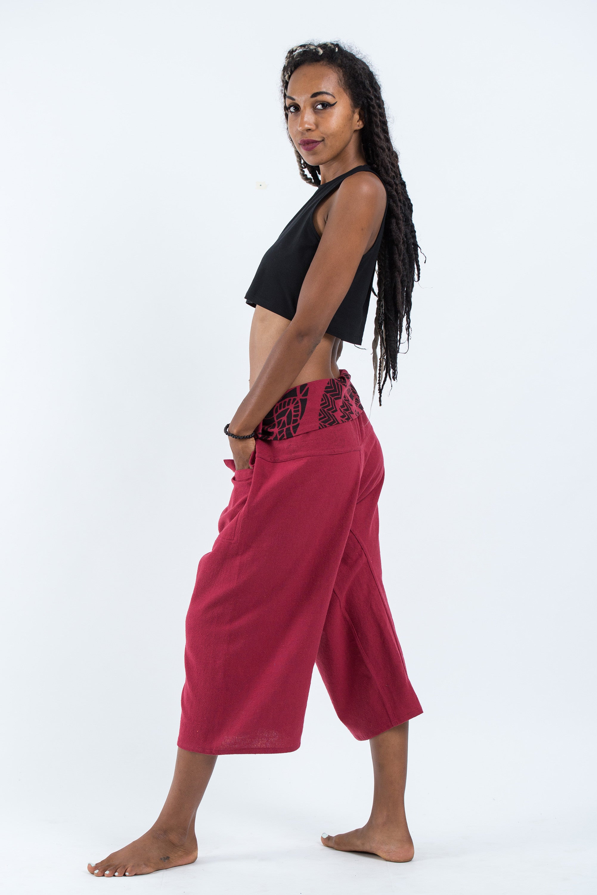 Women's Cropped Fisherman Pants with Pattern Waist Band in Red