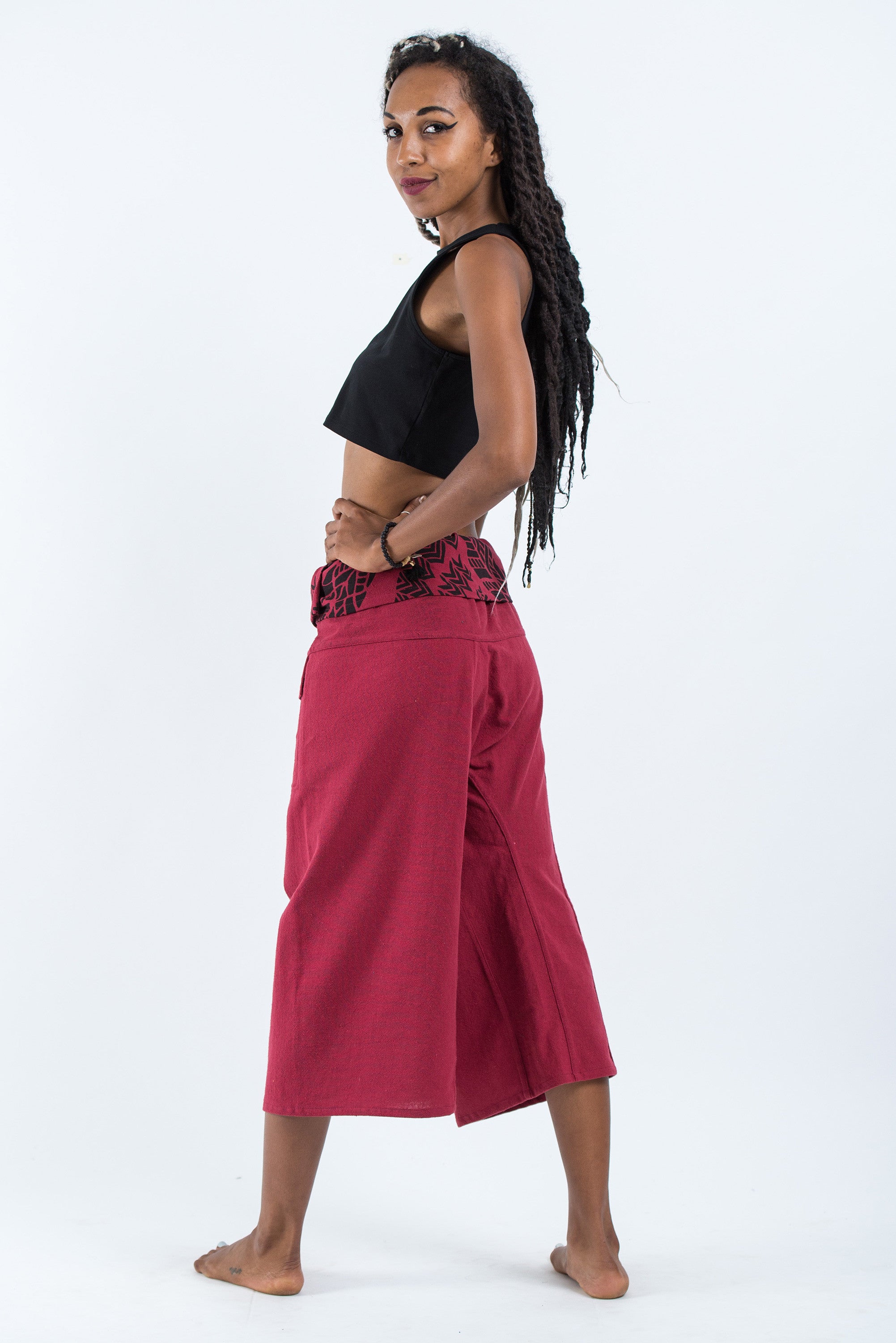 Women's Cropped Fisherman Pants with Pattern Waist Band in Red