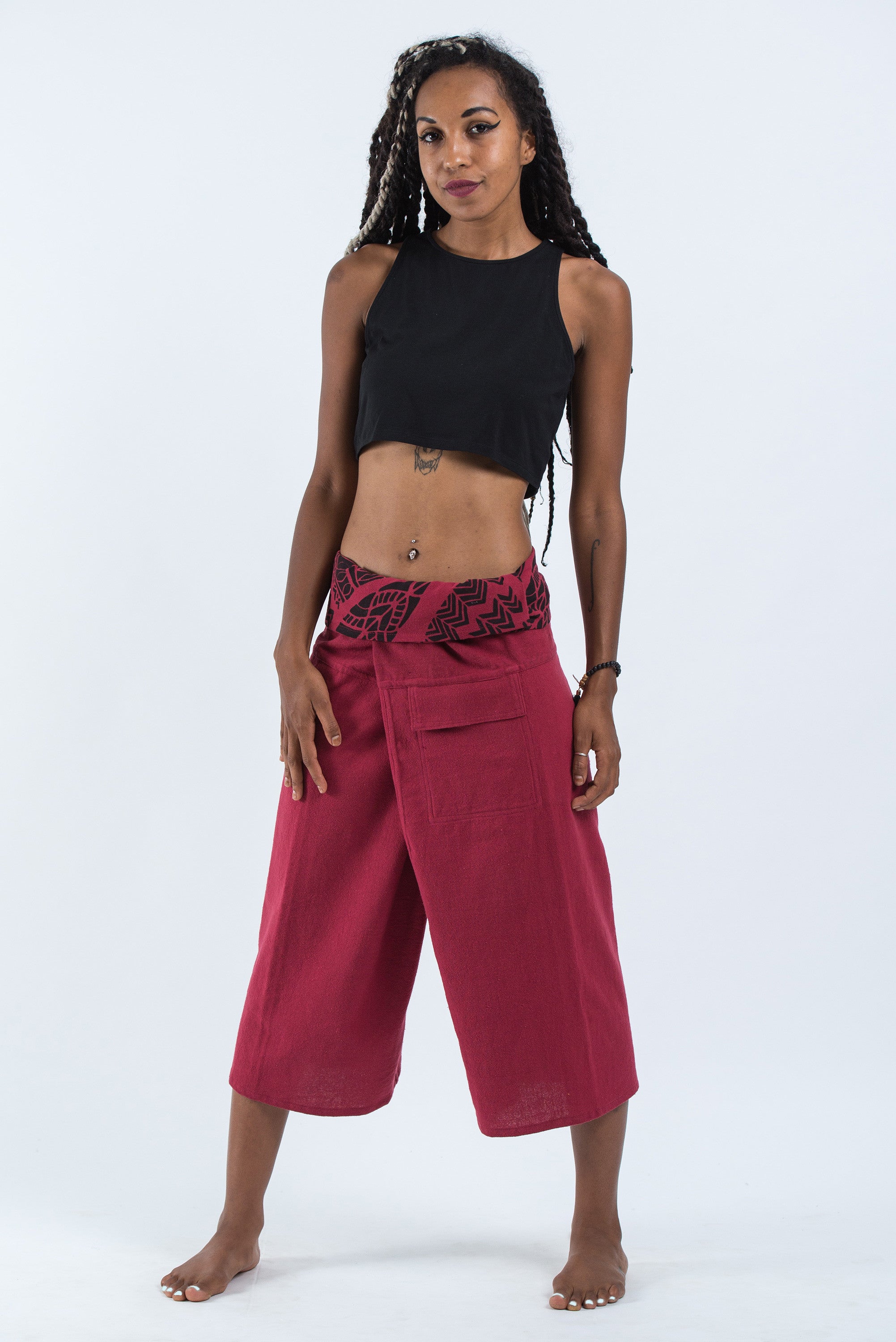 Women's Cropped Fisherman Pants with Pattern Waist Band in Red