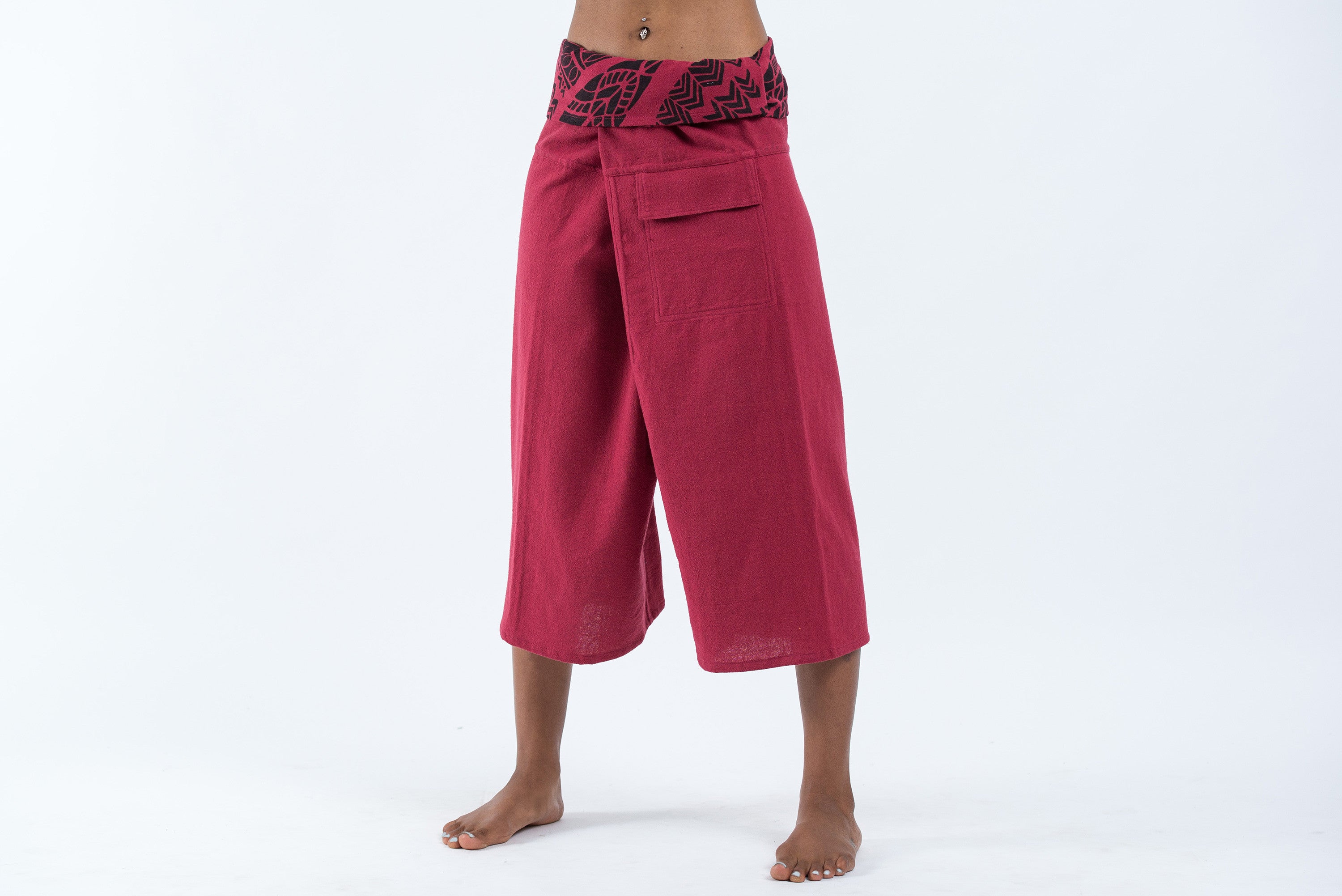 Women's Cropped Fisherman Pants with Pattern Waist Band in Red