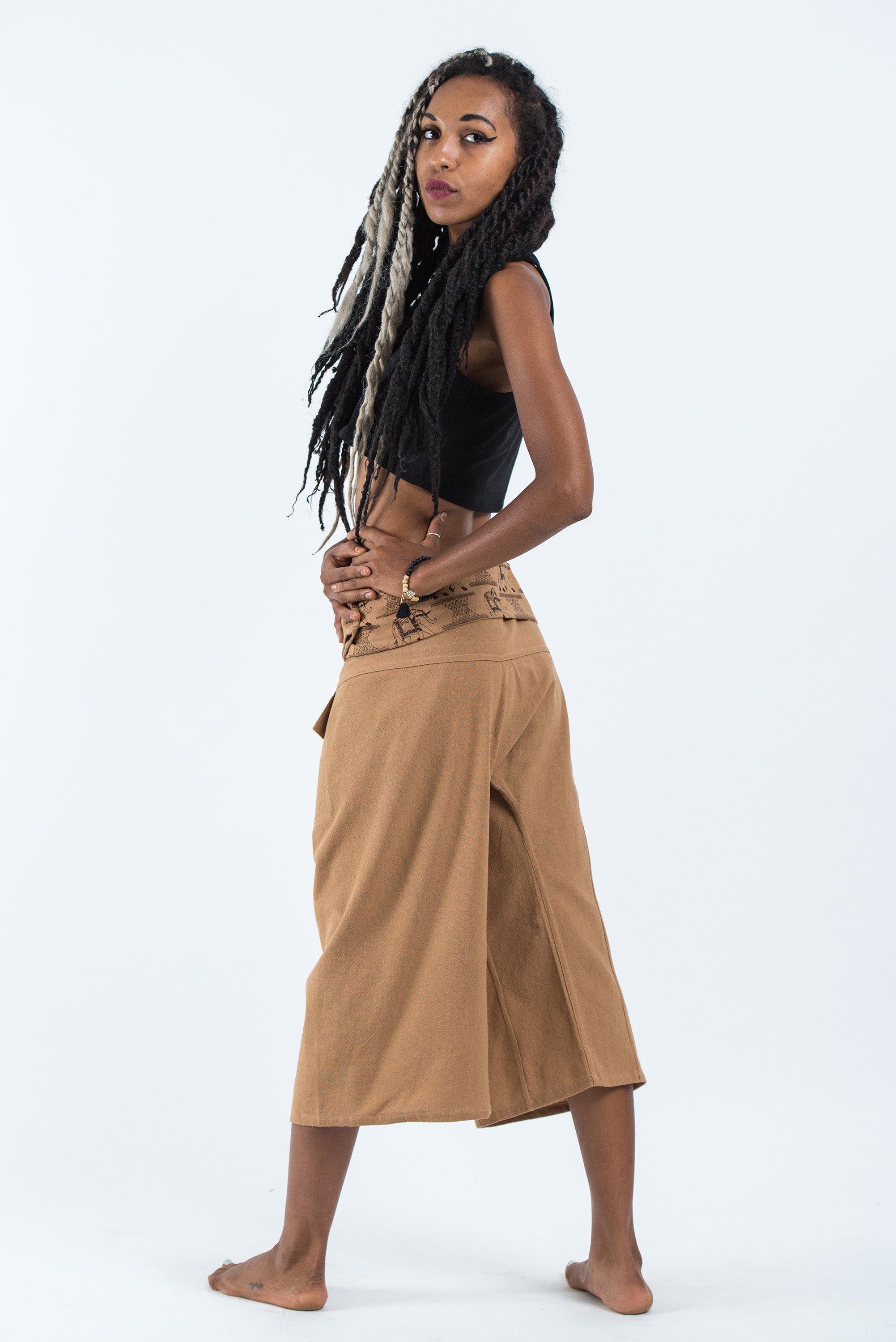 Women's Cropped Fisherman Pants with Pattern Waist Band in Beige