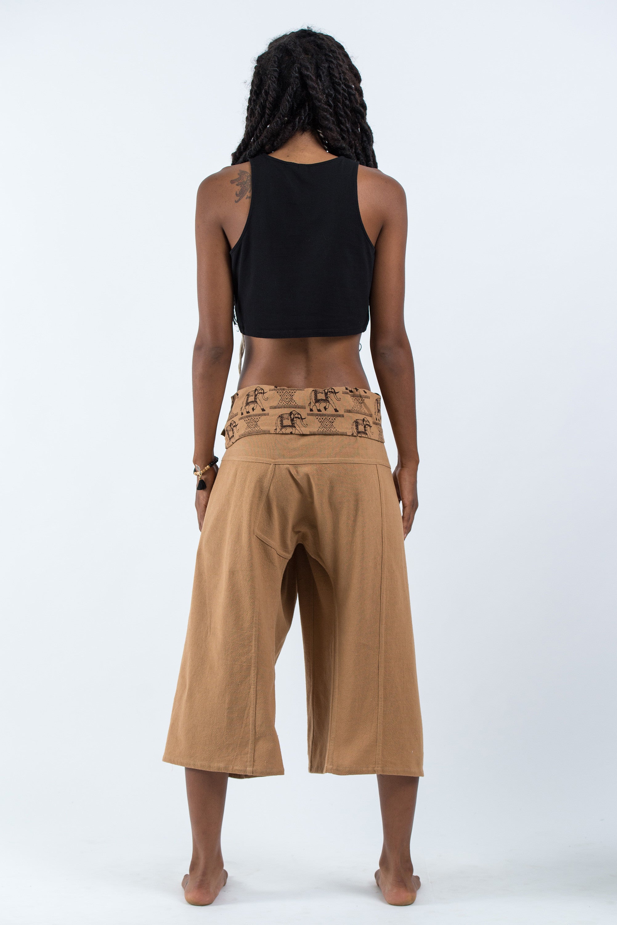 Women's Cropped Fisherman Pants with Pattern Waist Band in Beige