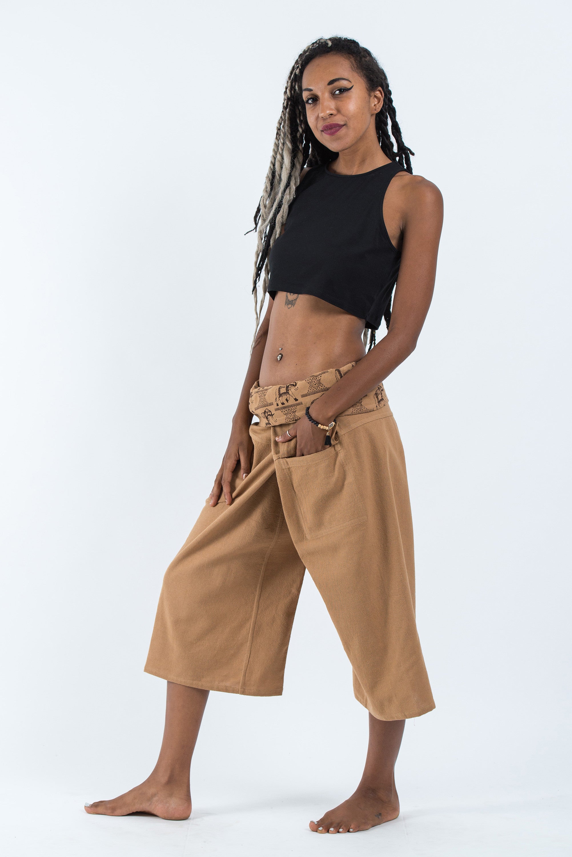 Women's Cropped Fisherman Pants with Pattern Waist Band in Beige