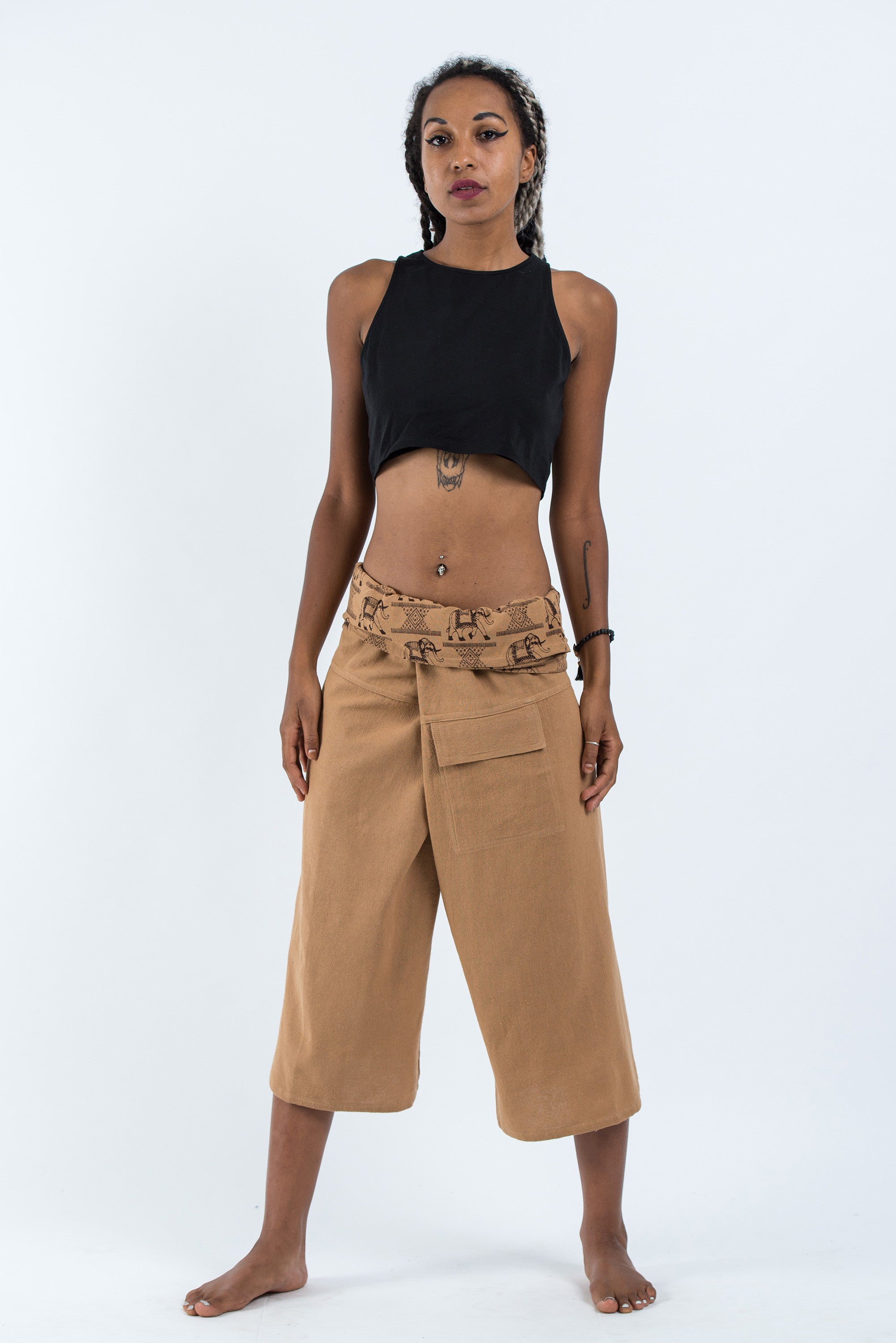 Women's Cropped Fisherman Pants with Pattern Waist Band in Beige
