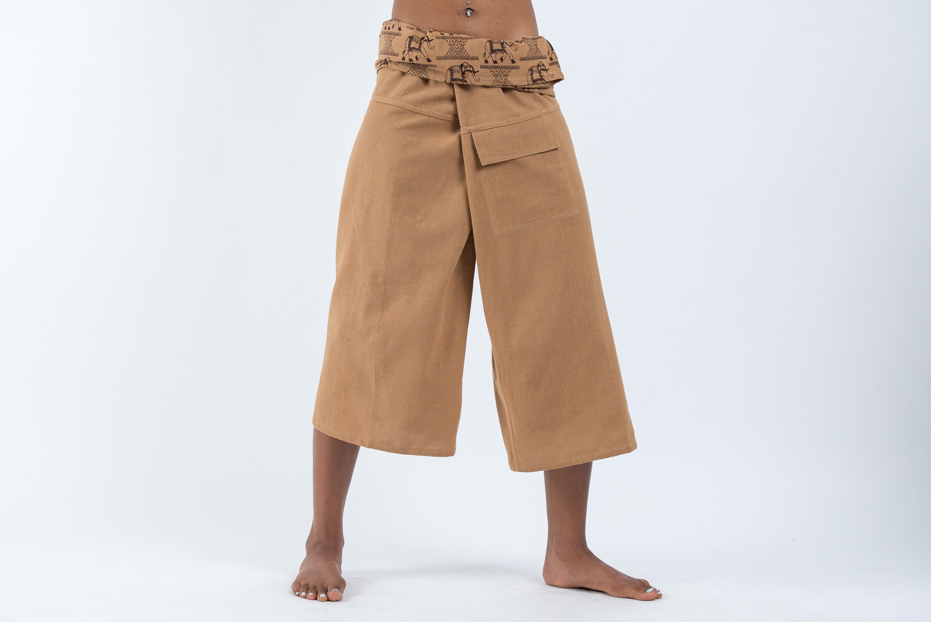 Women's Cropped Fisherman Pants with Pattern Waist Band in Beige