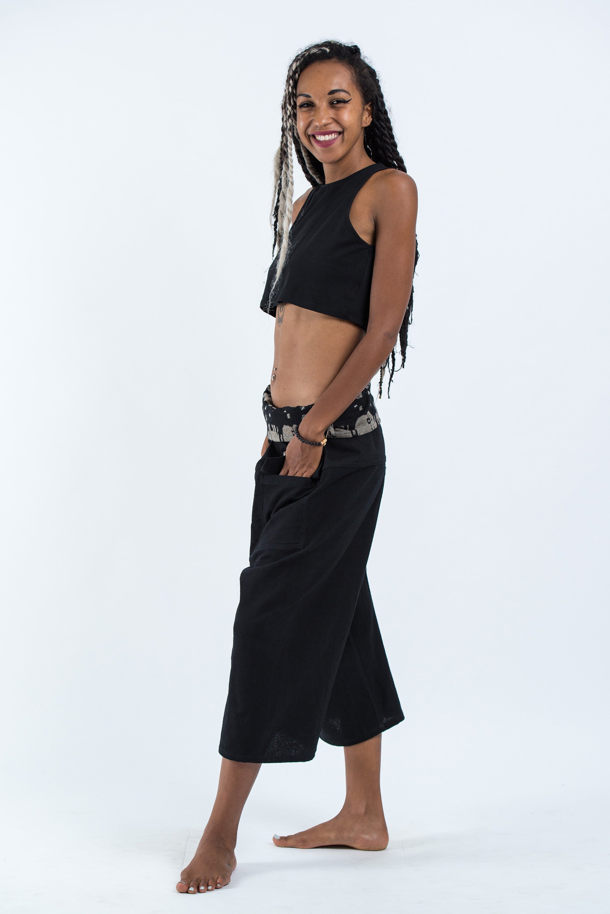 Women's Cropped Fisherman Pants with Pattern Waist Band in Black