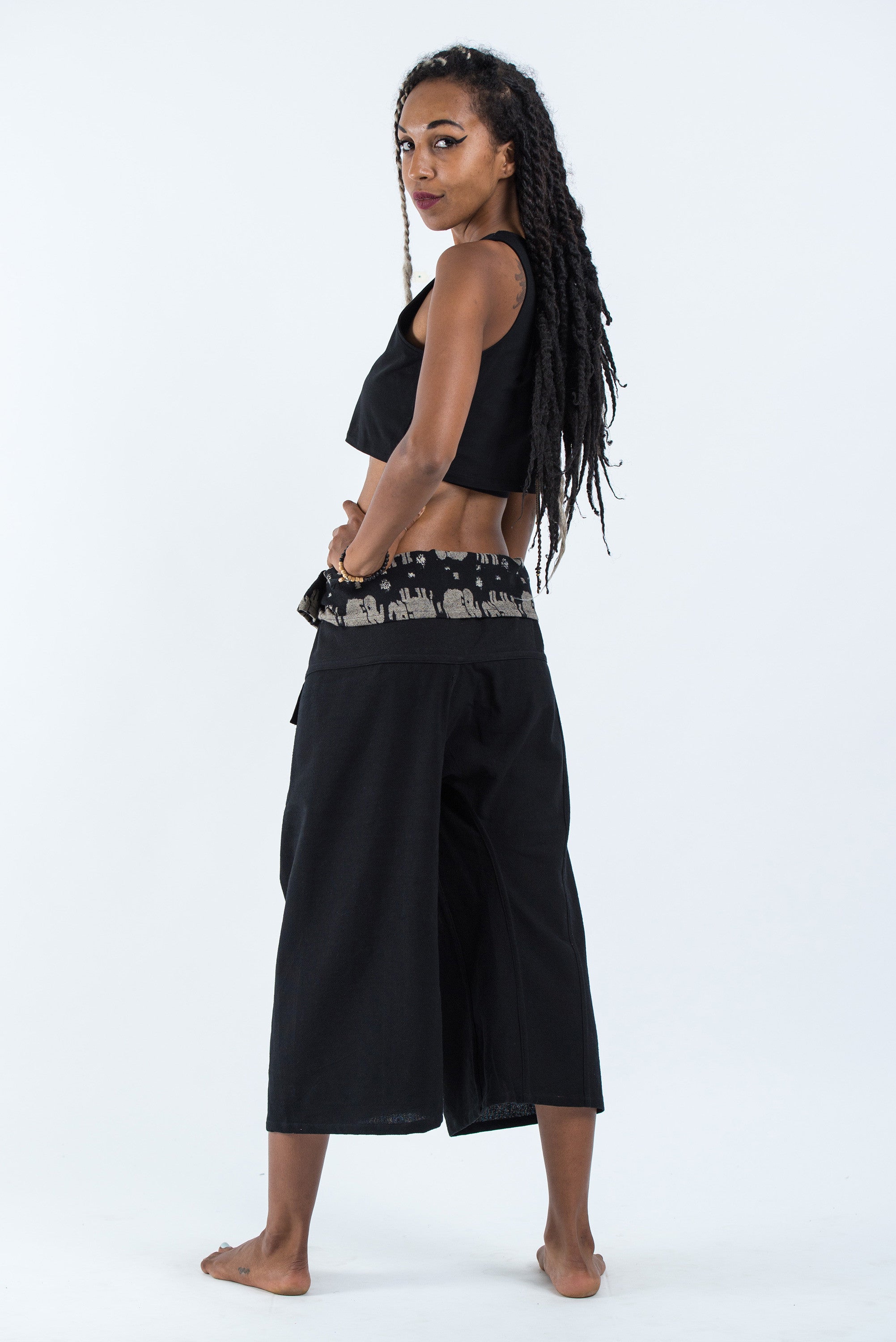 Women's Cropped Fisherman Pants with Pattern Waist Band in Black