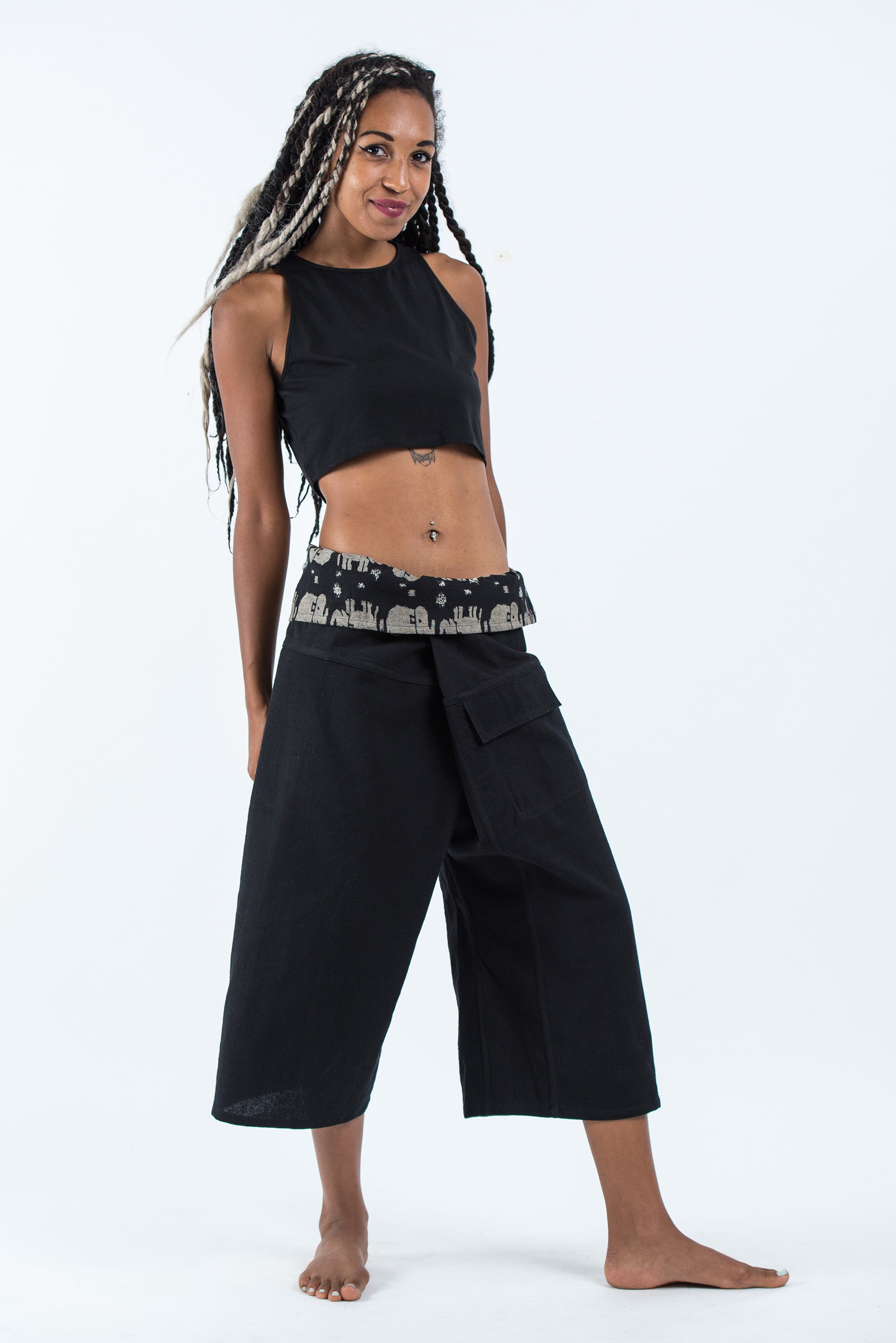 Women's Cropped Fisherman Pants with Pattern Waist Band in Black