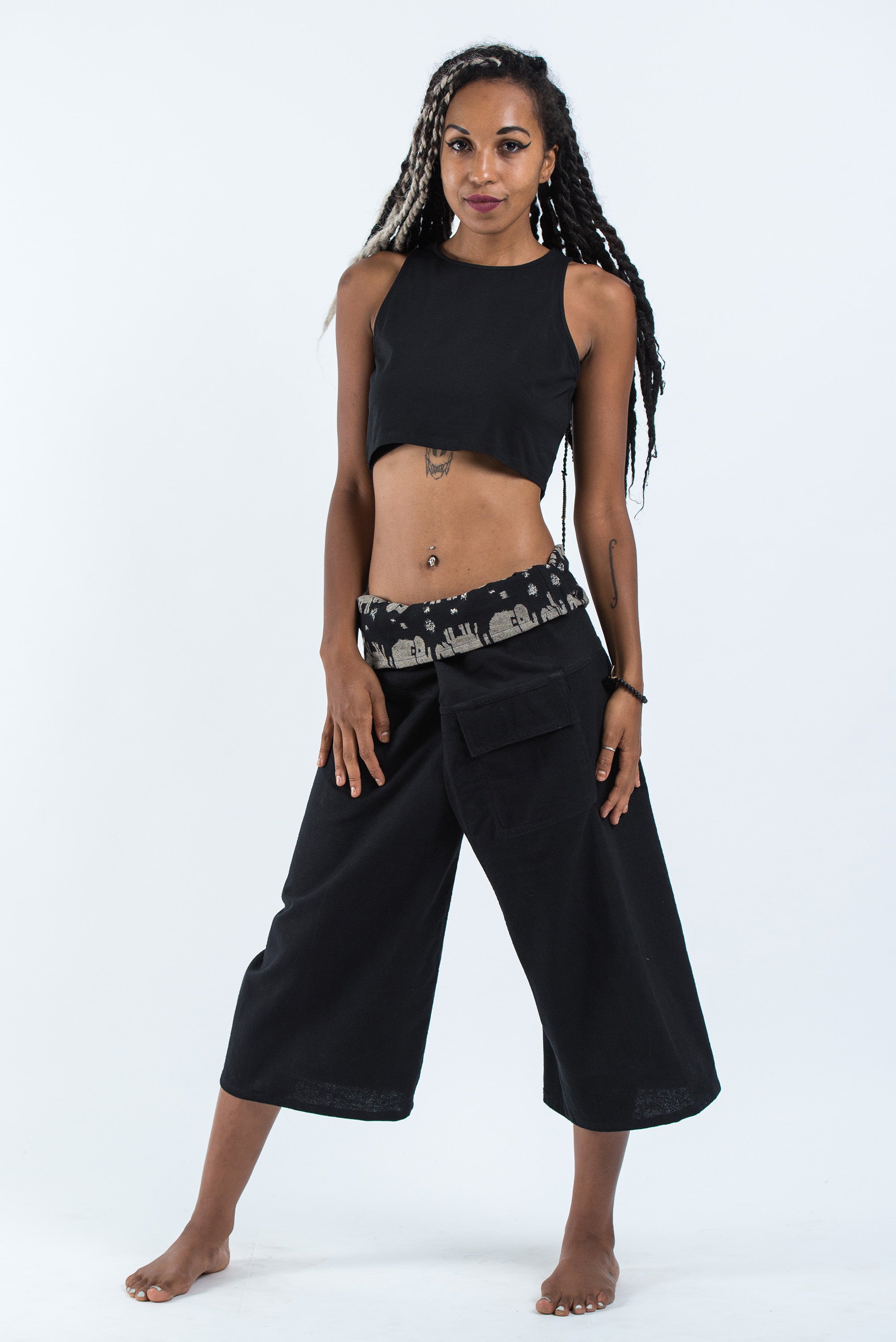 Women's Cropped Fisherman Pants with Pattern Waist Band in Black