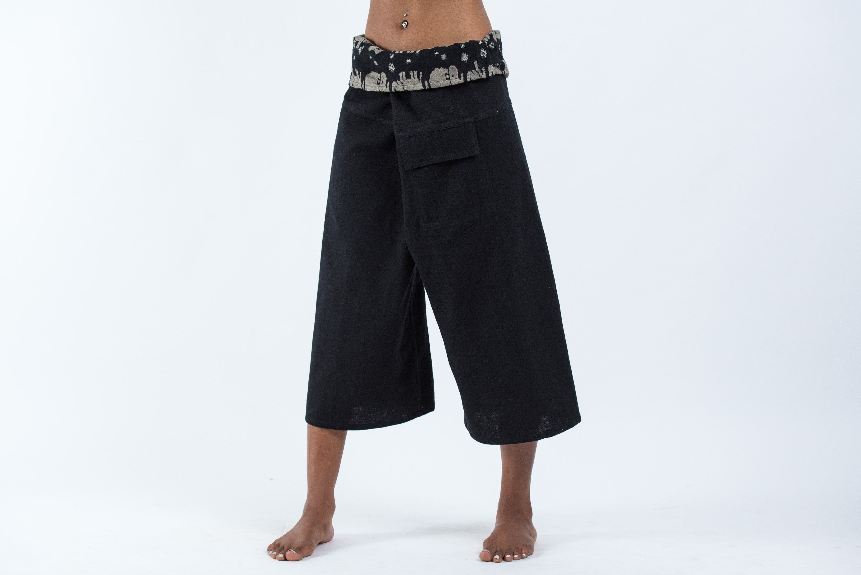 Women's Cropped Fisherman Pants with Pattern Waist Band in Black